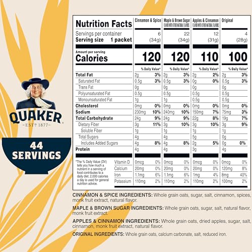 Quaker Instant Oatmeal Lower Sugar, 4 Flavor Variety Pack 44 Count (Pack of 1) - Image 5