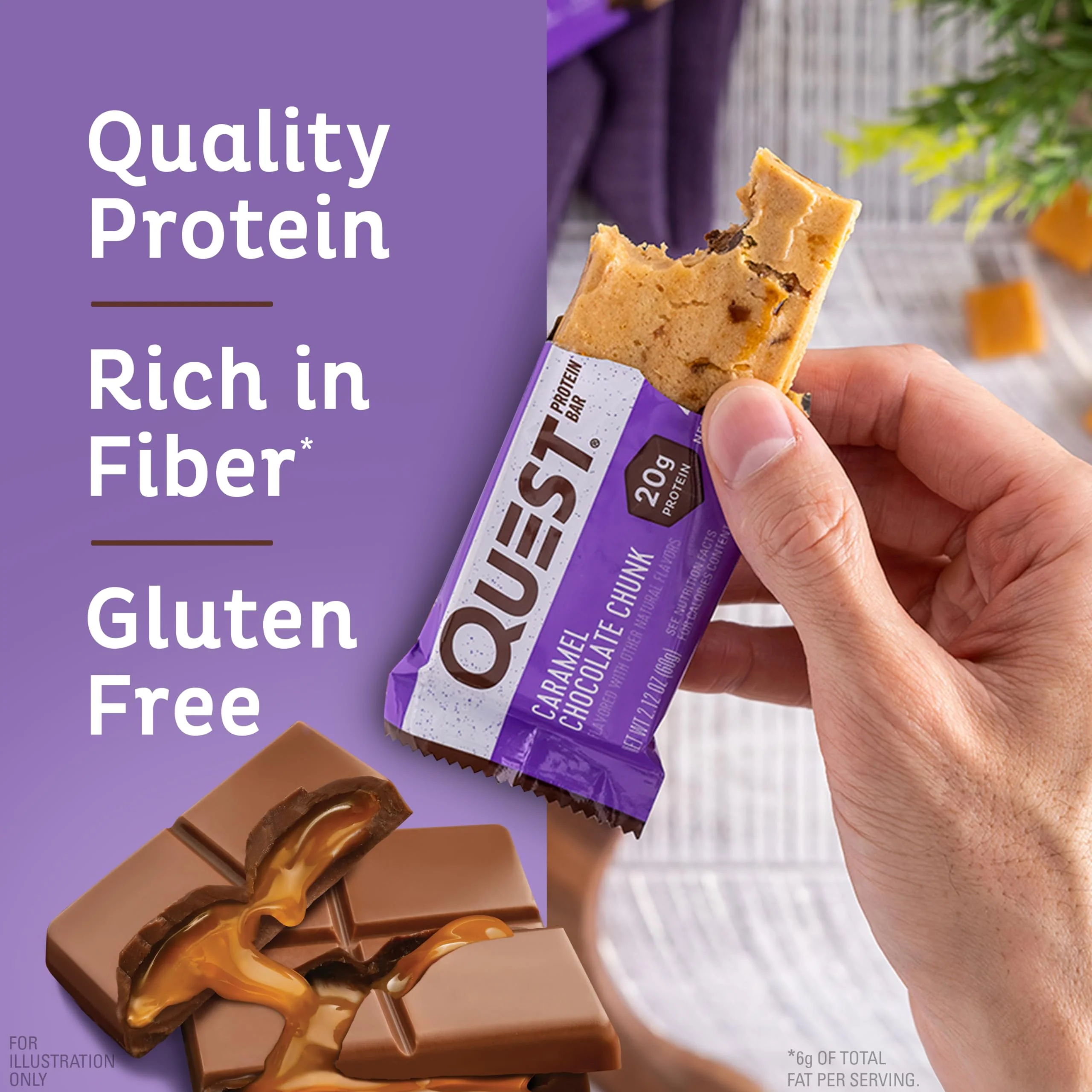 Quest Nutrition Caramel Chocolate Chunk Protein Bar, 20g Protein, 1g Sugar, 4g Net Carbs, Gluten Free, Keto Friendly, 12 Count - Image 7
