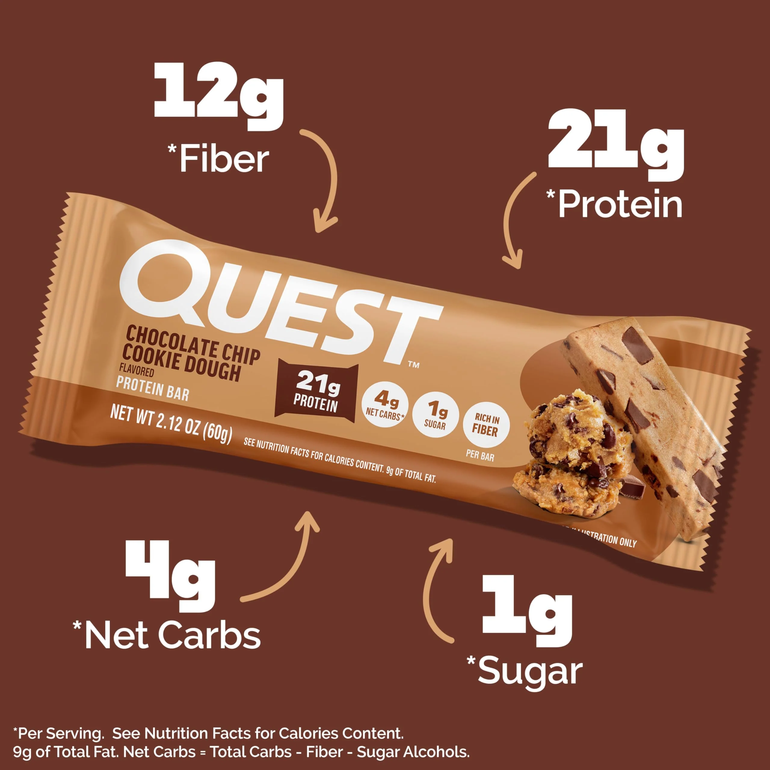 Quest Nutrition Chocolate Chip Cookie Dough - High Protein, Low Carb, Gluten Free, Keto Friendly, 2.12 Oz, 20 Count (4 Packs of 5) - Image 6