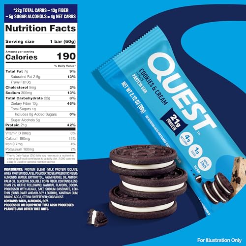 Quest Nutrition Cookies & Cream Protein Bars, 21g Protein, 4g Net Carbs, 1g Sugar, High Fiber, Gluten Free, Keto Friendly, 4 Count - Image 3