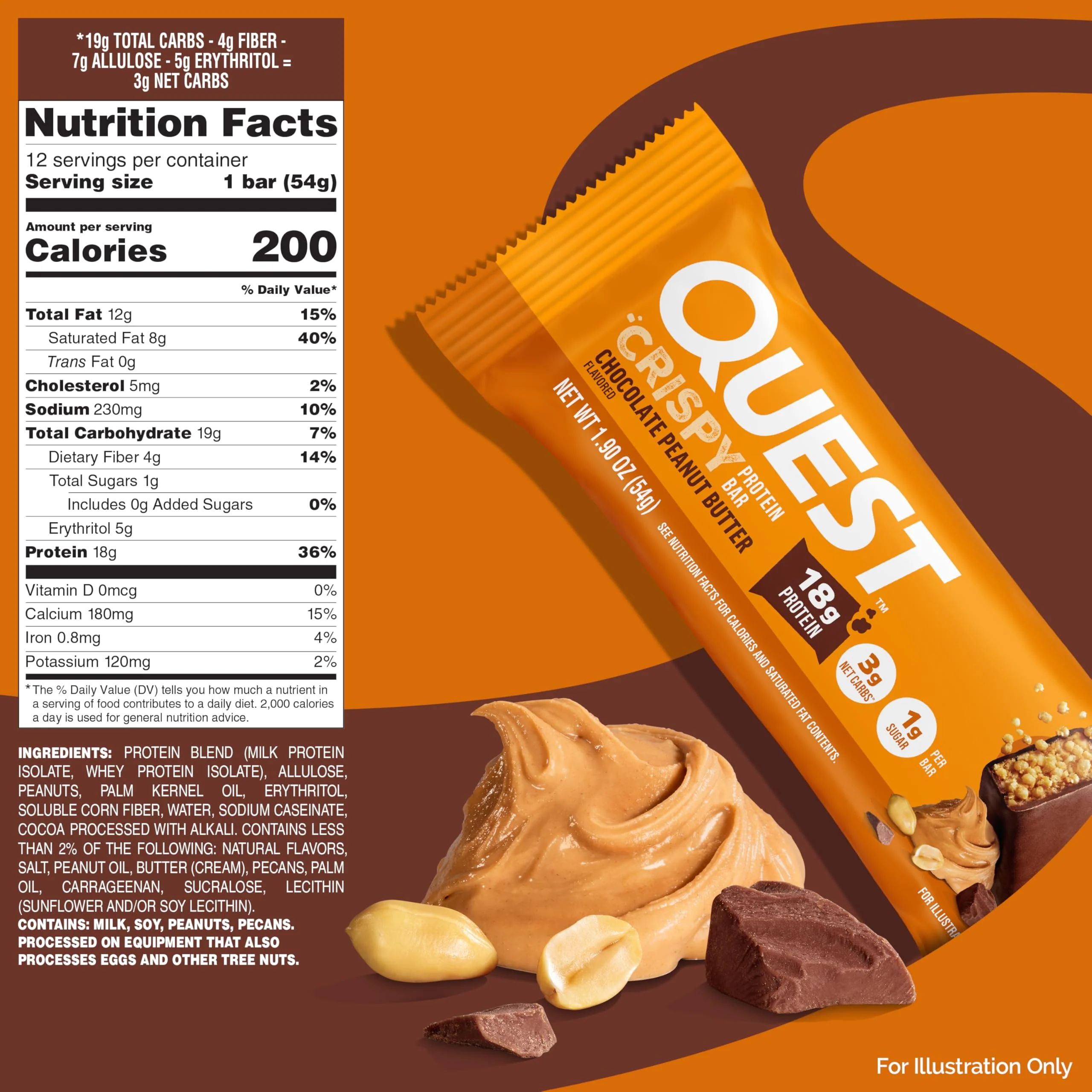 Quest Nutrition Crispy Chocolate Peanut Butter Hero Protein Bar, 18g Protein, 1g Sugar, 3g Net Carb, Gluten Free Protein Snack, Keto Friendly, 12 Count - Image 4