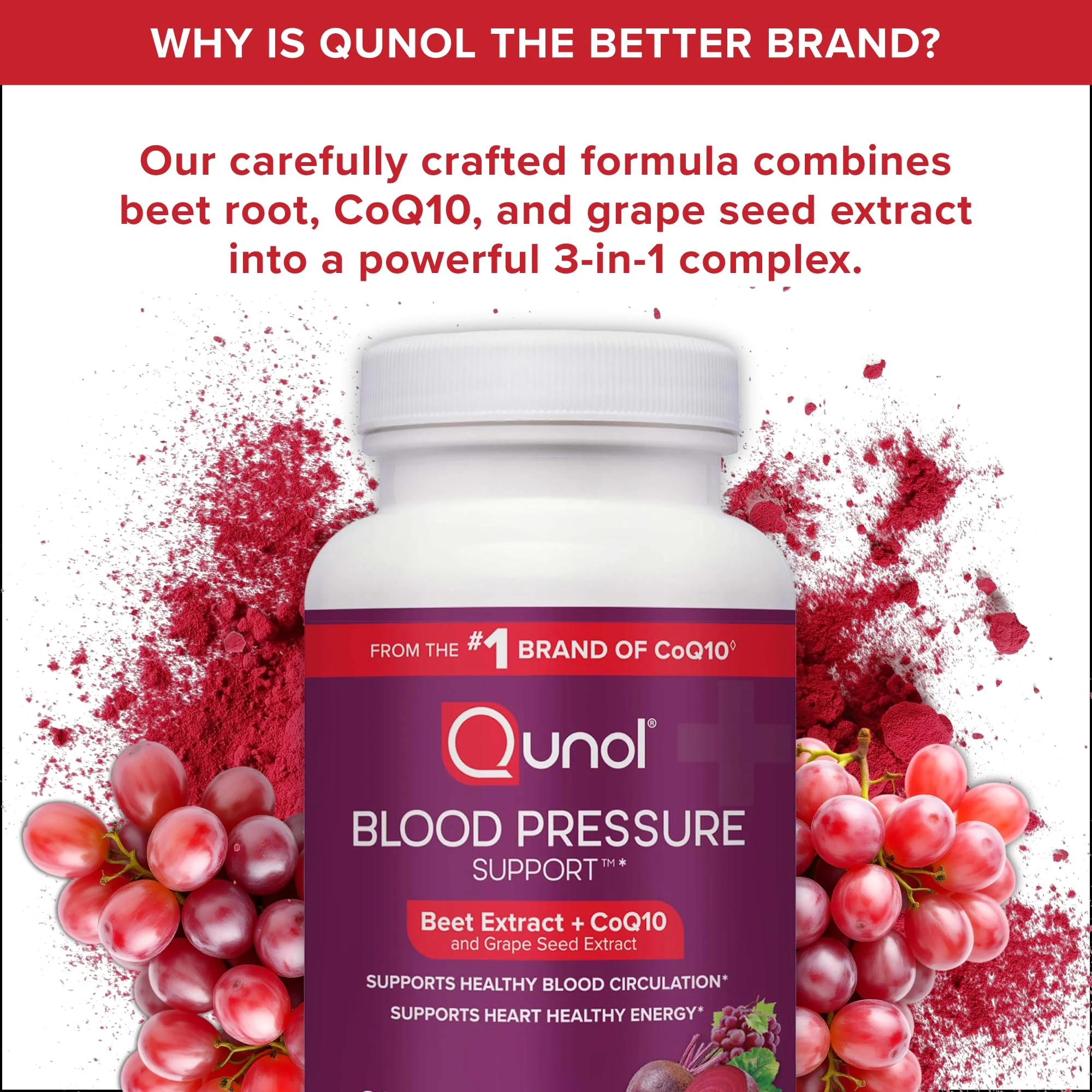 Qunol Blood Pressure Support, 3 in 1 Beets + CoQ10 + Grape Seed Extract, Beet Root Capsules that Supports Healthy Blood Circulation & Heart Healthy Energy, 60 Count (Pack of 1) - Image 7