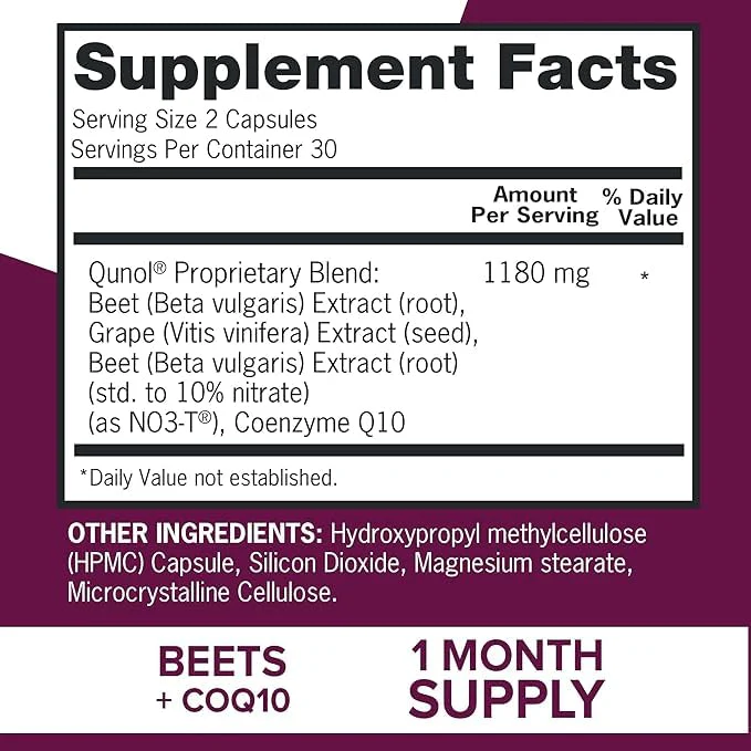 Qunol Blood Pressure Support, 3 in 1 Beets + CoQ10 + Grape Seed Extract, Beet Root Capsules that Supports Healthy Blood Circulation & Heart Healthy Energy, 60 Count (Pack of 1) - Image 9