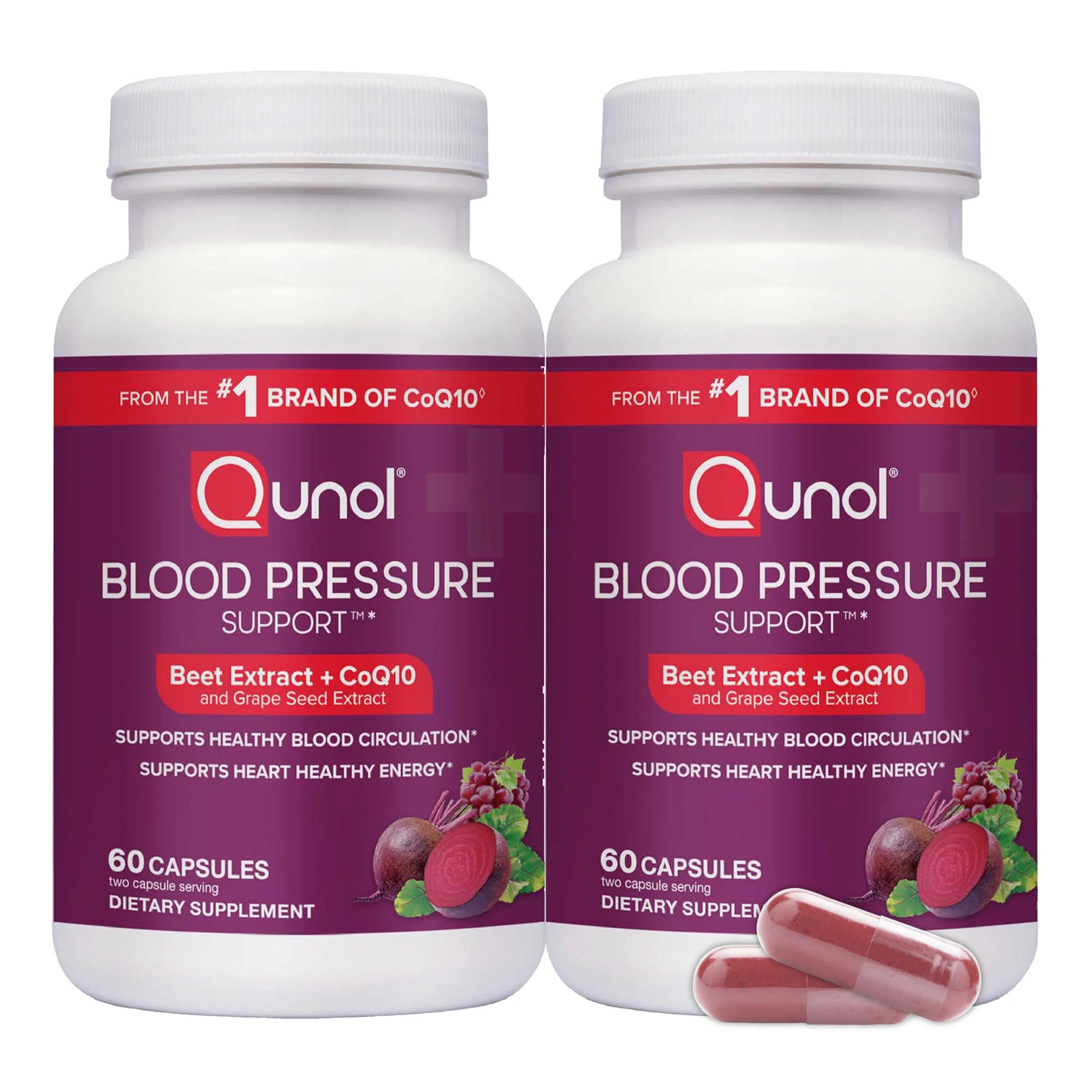 Qunol Blood Pressure Support, 3 in 1 Beets + CoQ10 + Grape Seed Extract, Beet Root Capsules that Supports Healthy Blood Circulation & Heart Healthy Energy, 60 Count (Pack of 2)