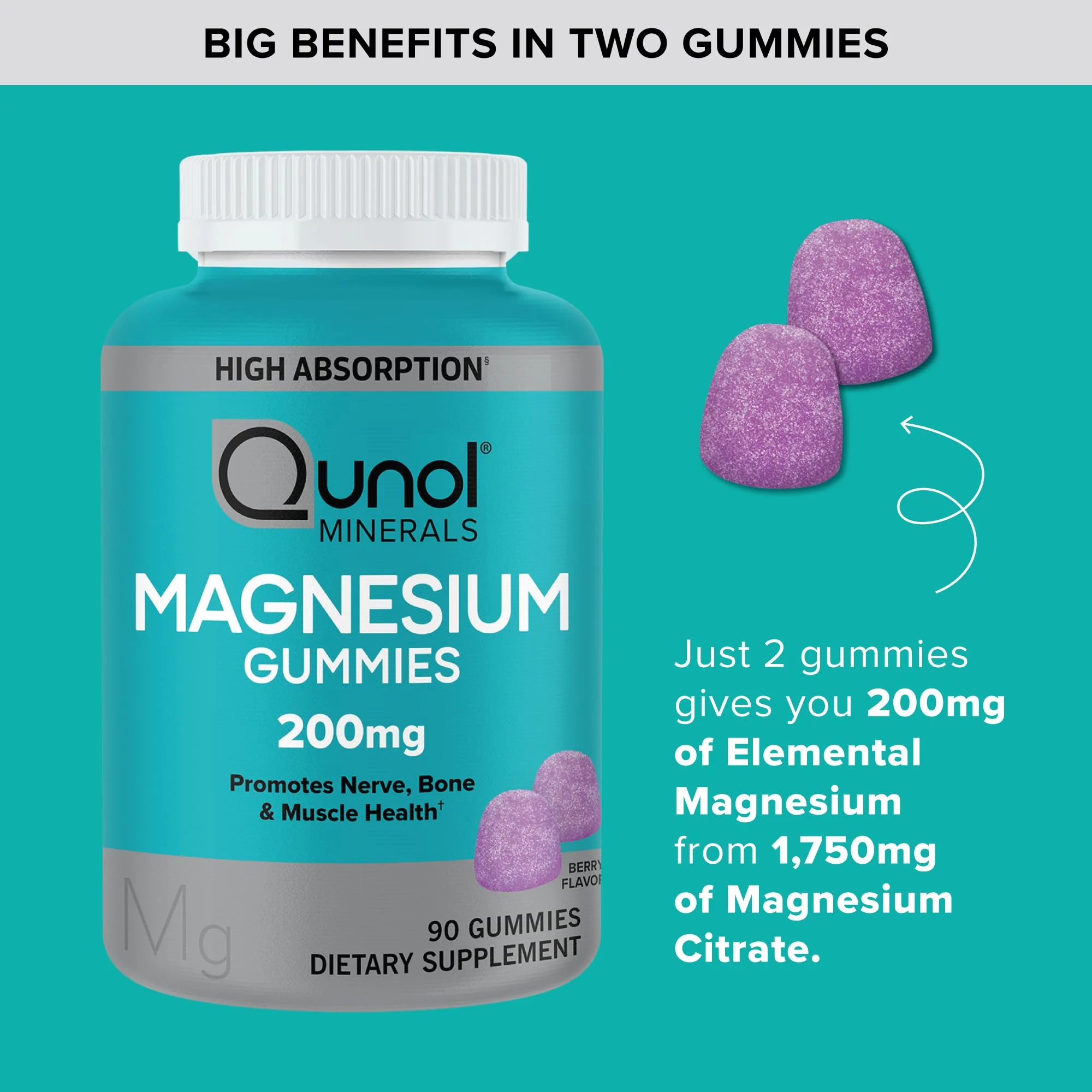Qunol Magnesium Gummies for Adults, 200mg Elemental Magnesium (from 1,750mg Magnesium Citrate), High Absorption Magnesium Supplement, Supports Nerve, Bone and Muscle Health, Vegetarian, 90 CountQunol Magnesium Gummies for Adults, 200mg Elemental Magnesium - Image 8