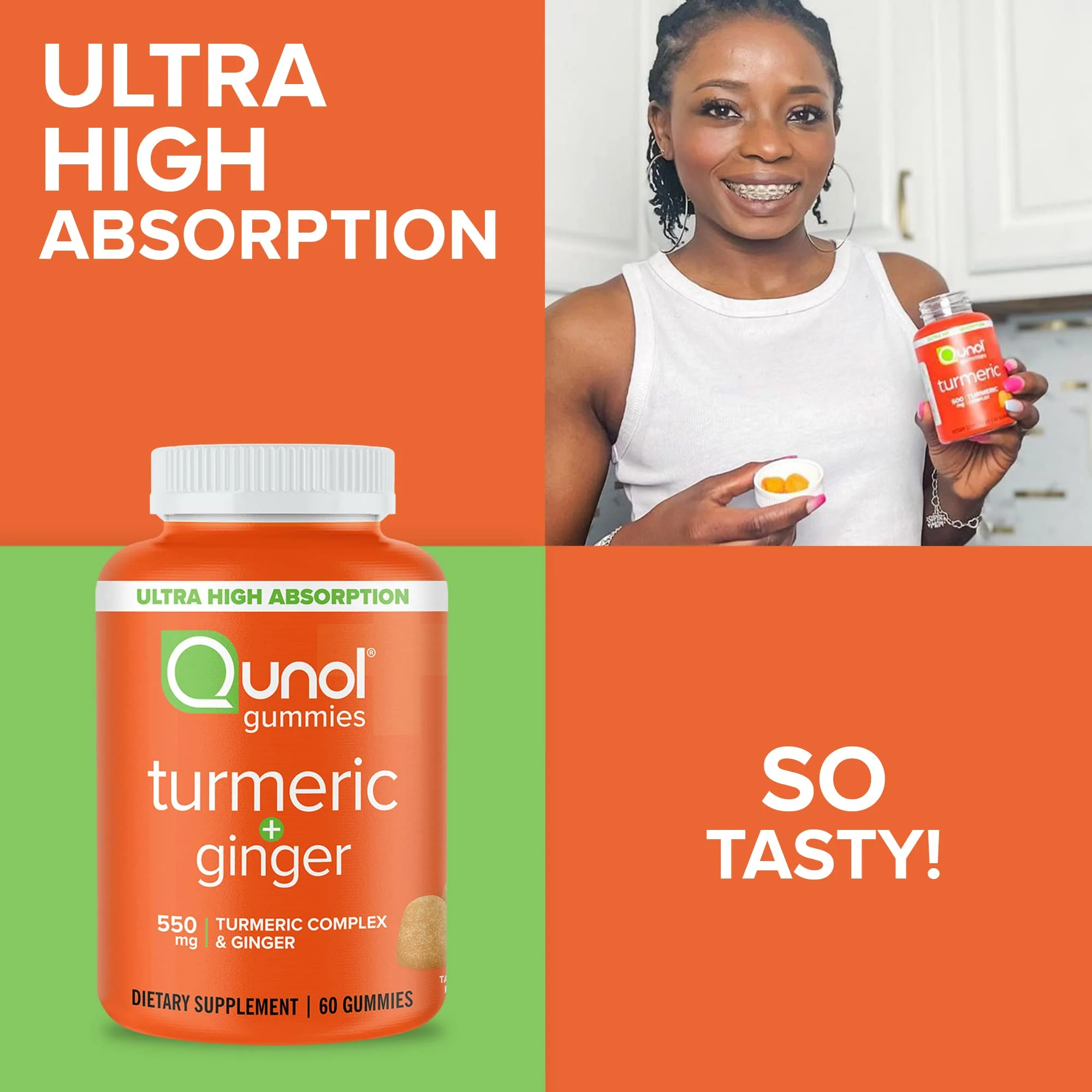 Qunol Turmeric and Ginger Gummies, Turmeric Curcumin Supplement + Ginger, Joint Support Gummy, Ultra High Absorption, Vegan, Gluten Free, 1 Month Supply, 60ct Gummies - Image 2