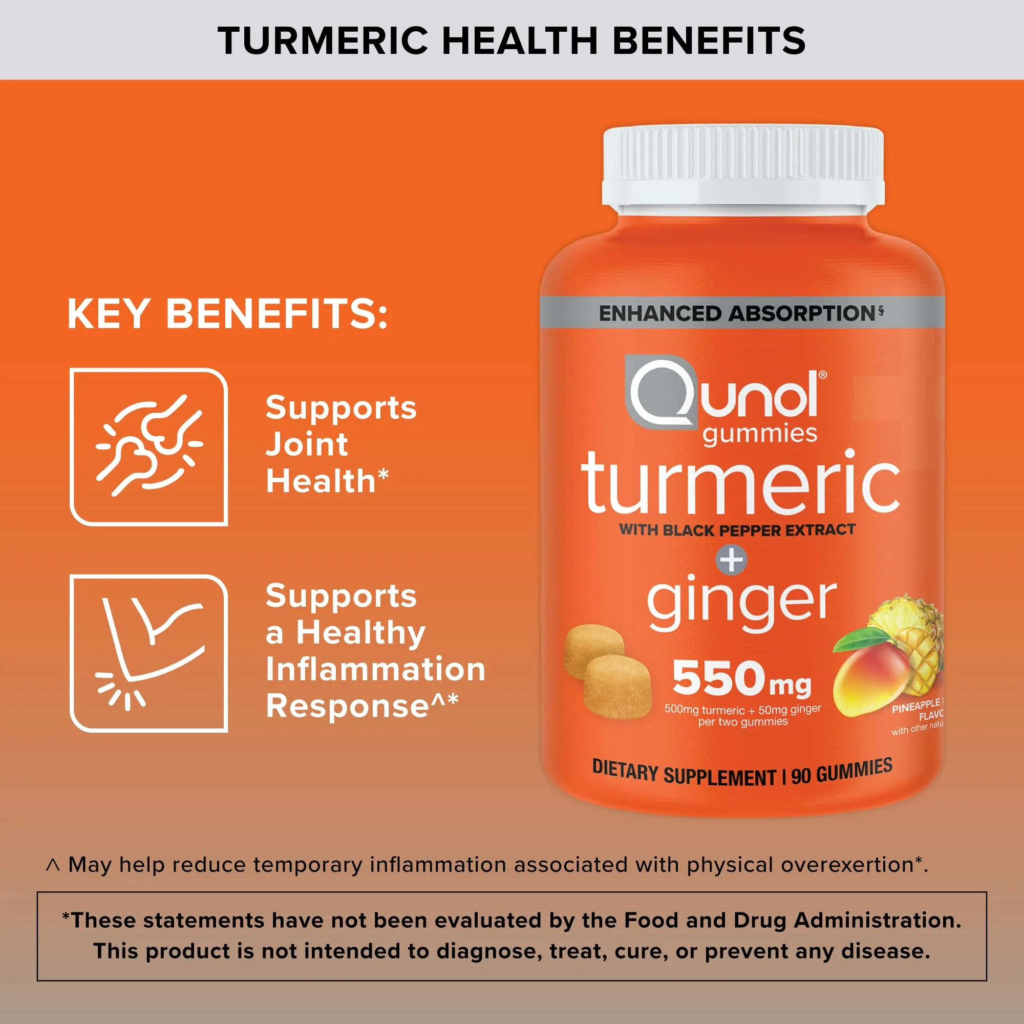 Qunol Turmeric and Ginger with Black Pepper Gummies, Turmeric Curcumin Supplement, Joint Health Support Gummy, 90ct Gummies - Image 6