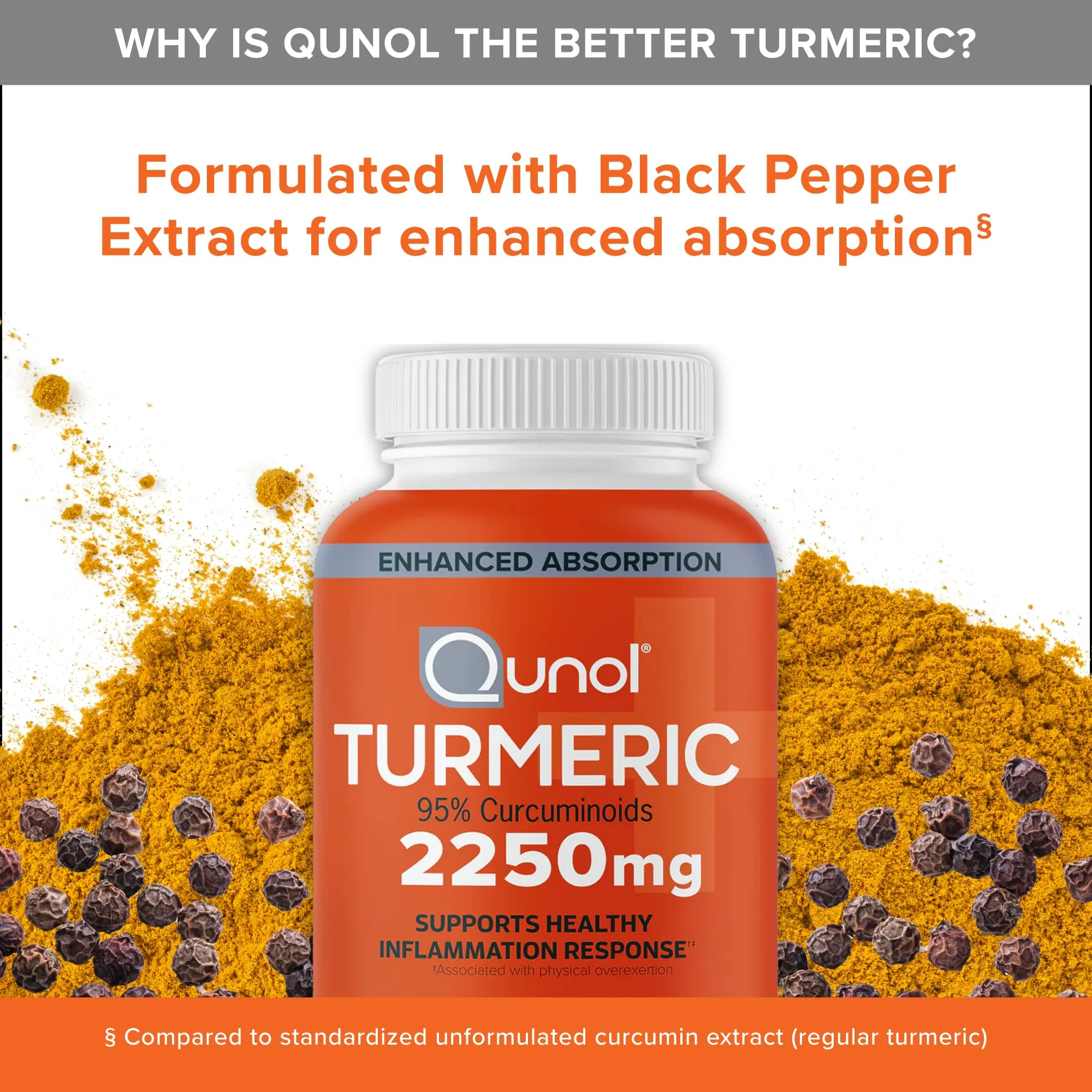 Qunol Turmeric Curcumin with Black Pepper, 2250mg Turmeric Extract with 95% Curcuminoids, Extra Strength Turmeric Supplement, Enhanced Absorption, Joint Support Supplement, 150 Vegetarian Capsules - Image 7