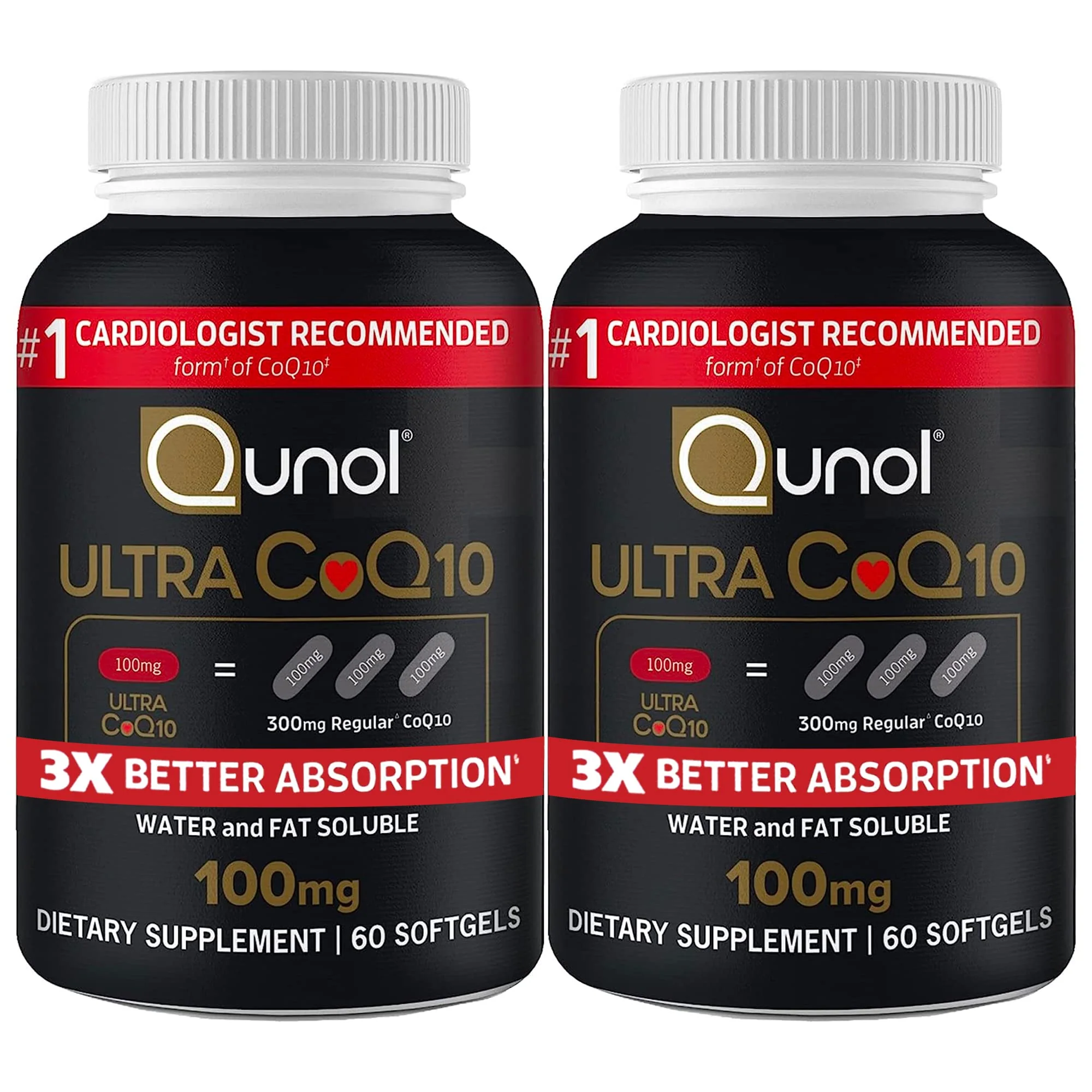 Qunol Ultra CoQ10 100mg 3X Better Absorption Patented Water and Fat Soluble Natural Supplement Form Coenzyme Q10 Antioxidant for Heart Health Packs Softgels, 120 Count