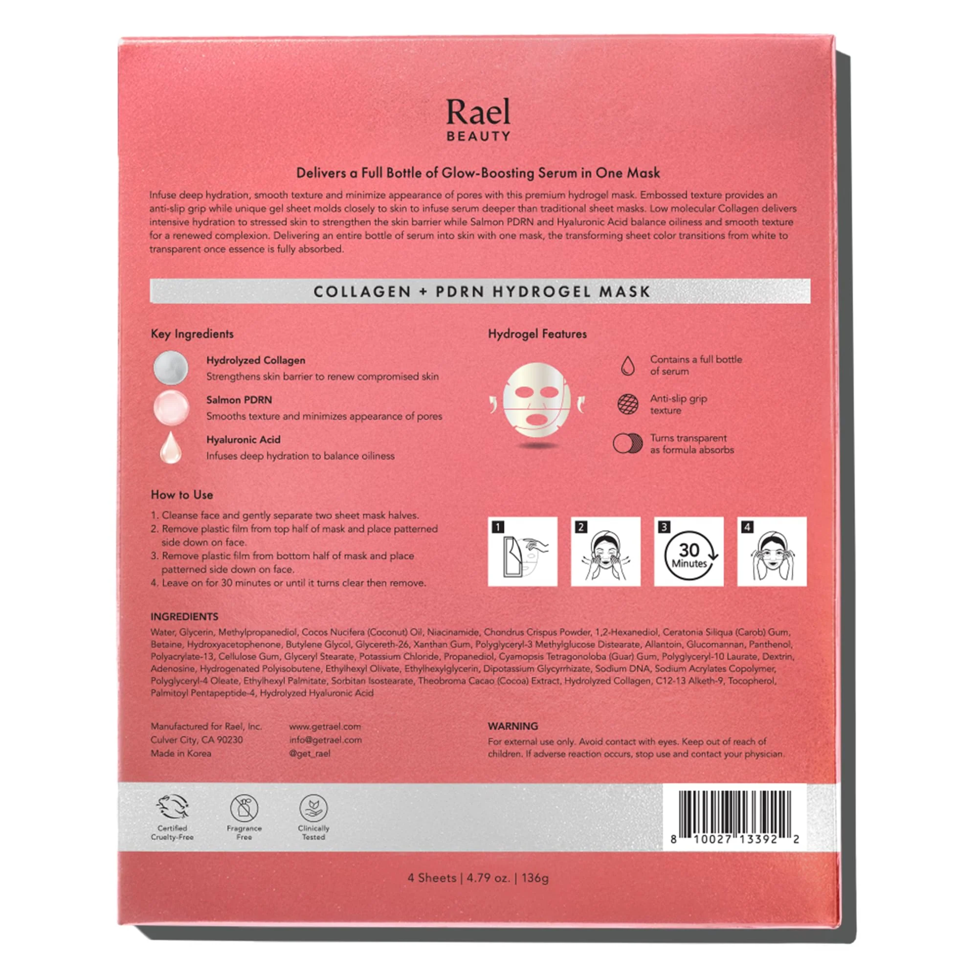Rael Face Mask – Deep Hydration & Moisturizing Sheet Masks, Daily Skincare, Advanced PM Routine for Glowing Skin, Korean Skin Care (Collagen Salmon PDRN, 4 Count) - Image 2