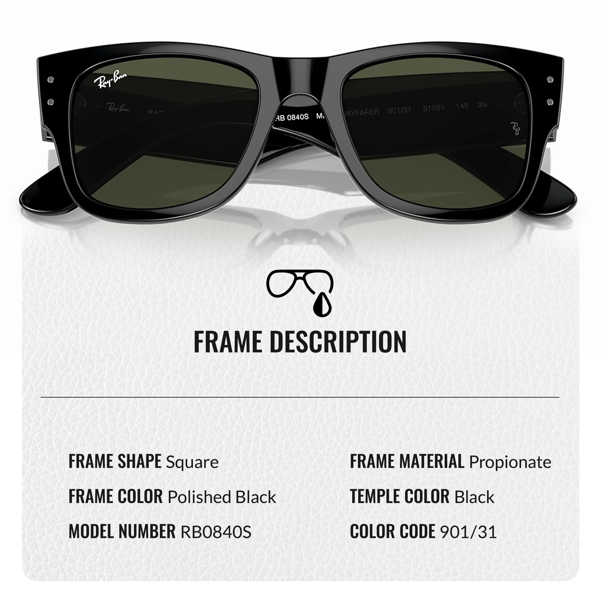 Ray-Ban RB0840S MEGA WAYFARER Square Shaped Non-Polarized Sunglasses for Men & Women – Includes Official RAYBAN Eyewear Kit – Ideal Formal & Casual Wear Sunglasses – Green Lens - Image 6