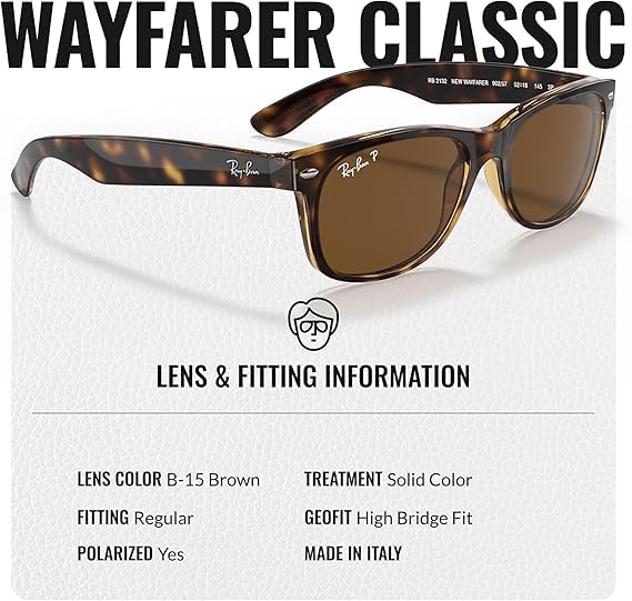 Ray-Ban RB2132 NEW WAYFARER CLASSIC POLARIZED Square Shaped Sunglasses for Men & Women – Includes Official Rayban Eyewear Kit – Ideal Formal & Casual Wear Sunglasses – B-15 Brown Lens - Image 5