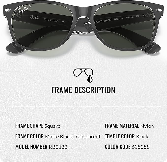 Ray-Ban RB2132 NEW WAYFARER CLASSIC POLARIZED Square Shaped Sunglasses for Men & Women – Includes Official Rayban Eyewear Kit – Ideal Formal & Casual Wear Sunglasses – Green Classic G-15 Lens - Image 6