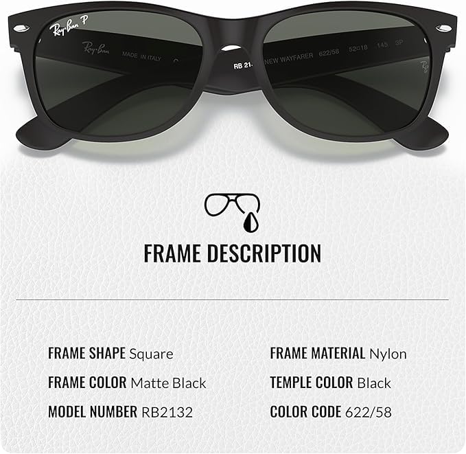 Ray-Ban RB2132 NEW WAYFARER CLASSIC POLARIZED Square Shaped Sunglasses for Men & Women – Includes Official Rayban Eyewear Kit – Ideal Formal & Casual Wear Sunglasses – Green Lens - Image 6