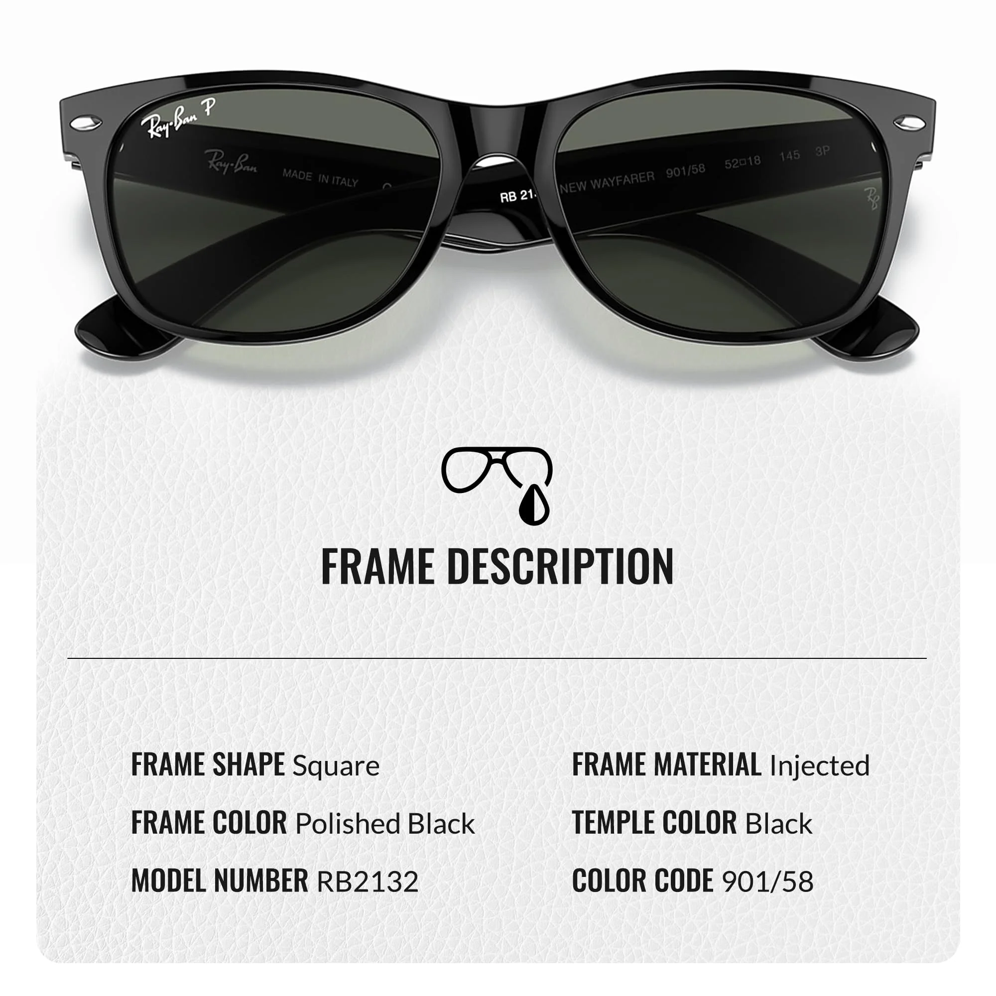 Ray-Ban RB2132 NEW WAYFARER CLASSIC POLARIZED Square Shaped Sunglasses for Men & Women – Includes Official Rayban Eyewear Kit – Ideal Formal & Casual Wear Sunglasses – Green Lens - Image 6