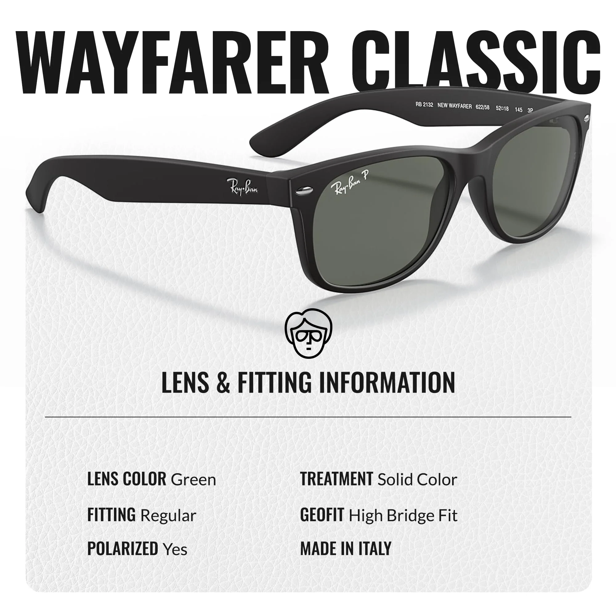 Ray-Ban RB2132 NEW WAYFARER CLASSIC POLARIZED Square Shaped Sunglasses for Men & Women – Includes Official Rayban Eyewear Kit – Ideal Formal & Casual Wear Sunglasses – Green Lens - Image 5