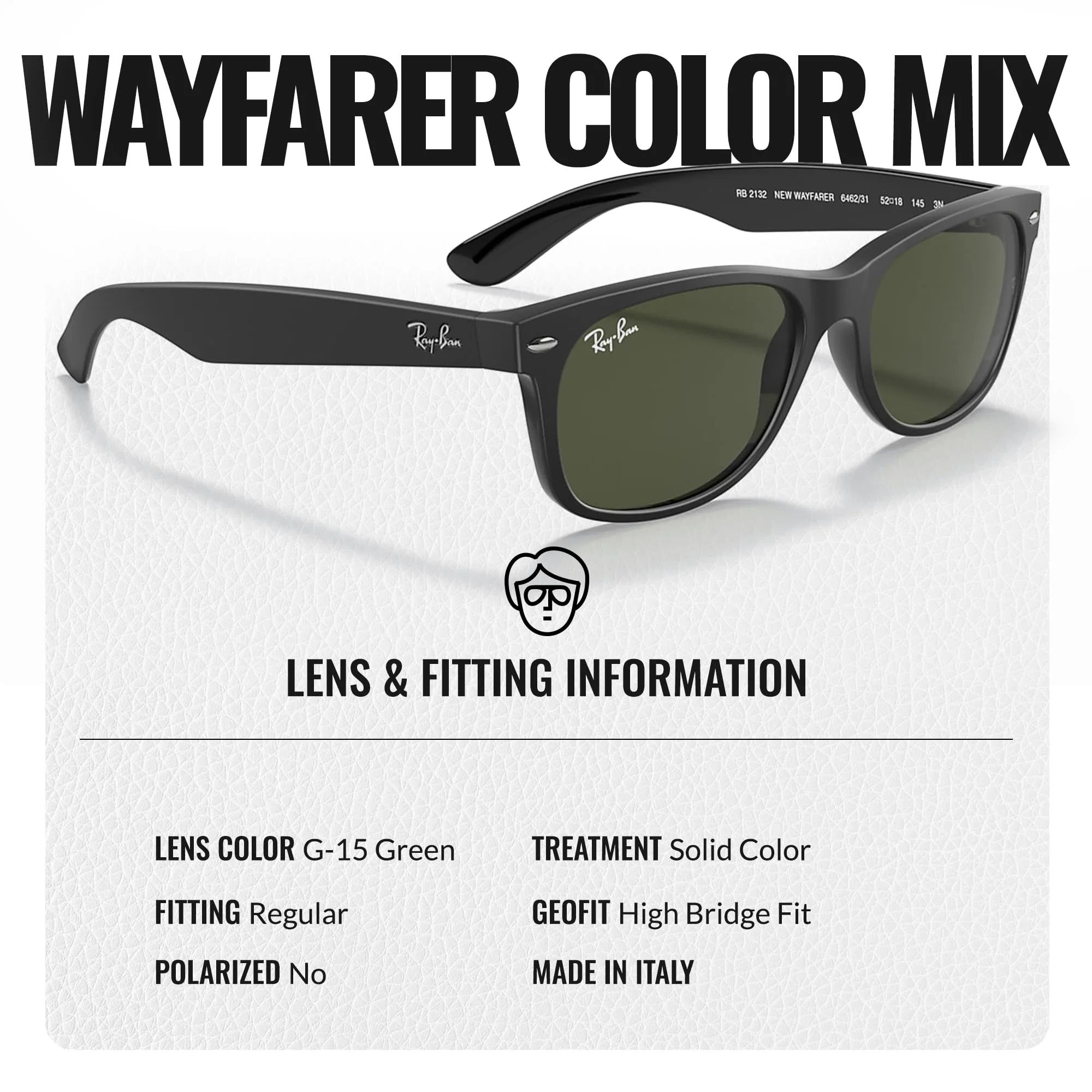 Ray-Ban RB2132 NEW WAYFARER COLOR MIX Square Shaped Non-Polarized Sunglasses for Men & Women – Includes Official RAYBAN Eyewear Kit – Ideal Formal & Casual Wear Sunglasses – G-15 Green Lens - Image 5