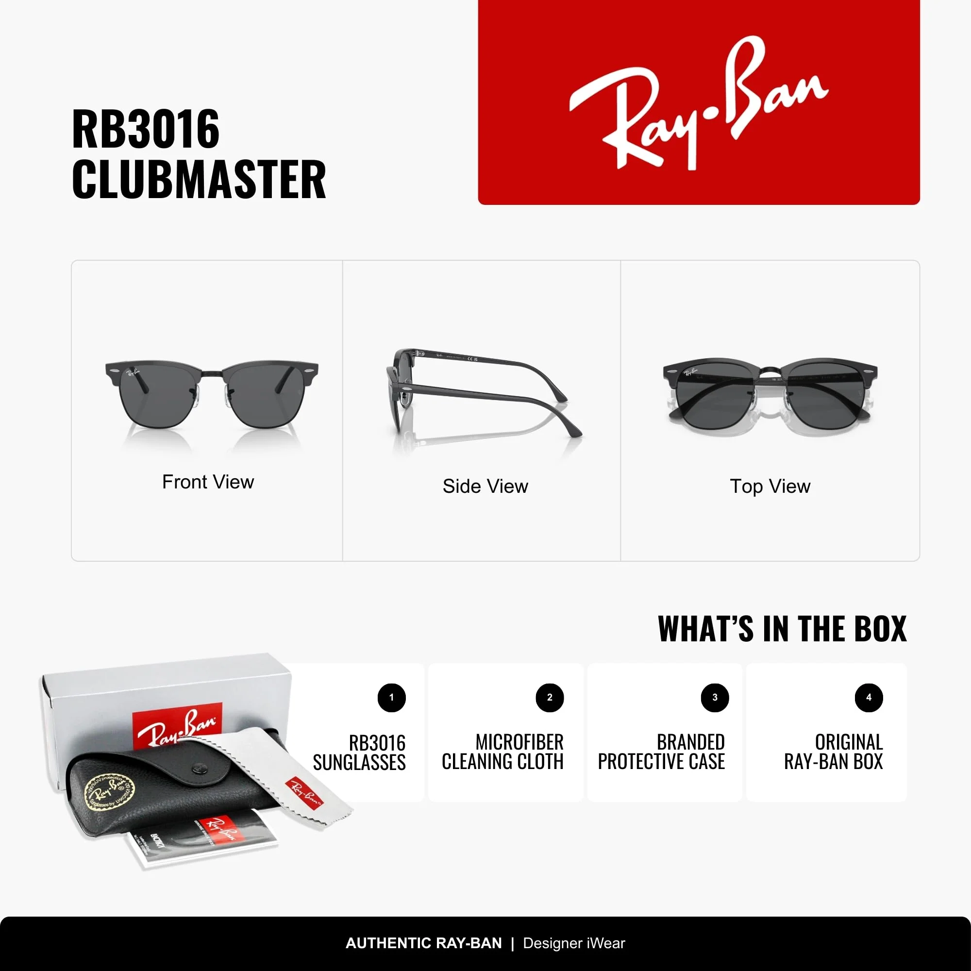 Ray-Ban RB3016 1367B1 51MM Grey On Black/Dark Grey Square Sunglasses for Men for Women - Image 2