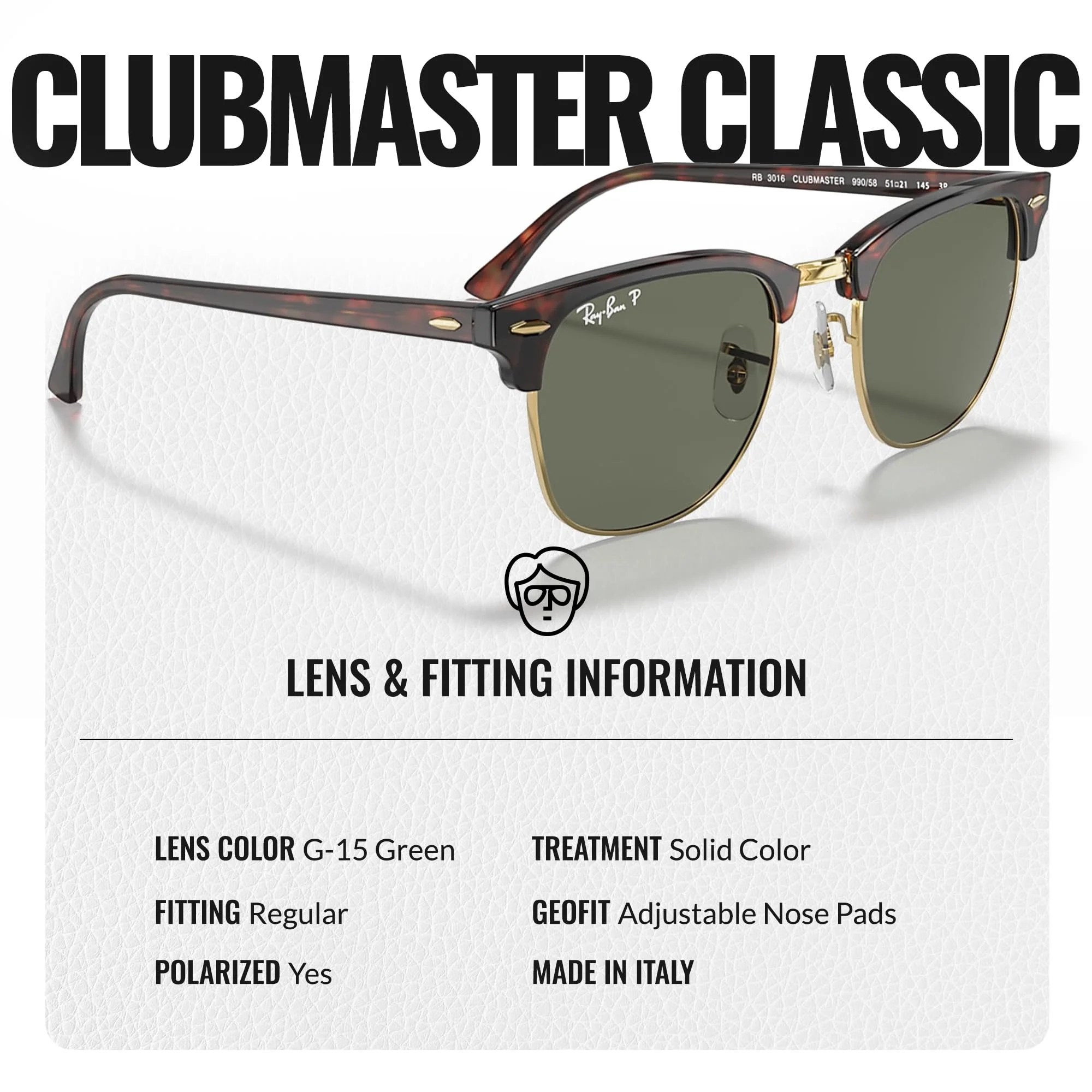 Ray-Ban RB3016 CLUBMASTER CLASSIC POLARIZED Square Shaped Sunglasses for Men & Women – Includes Official Rayban Eyewear Kit – Ideal Formal & Casual Wear Sunglasses – G-15 Green Lens - Image 5