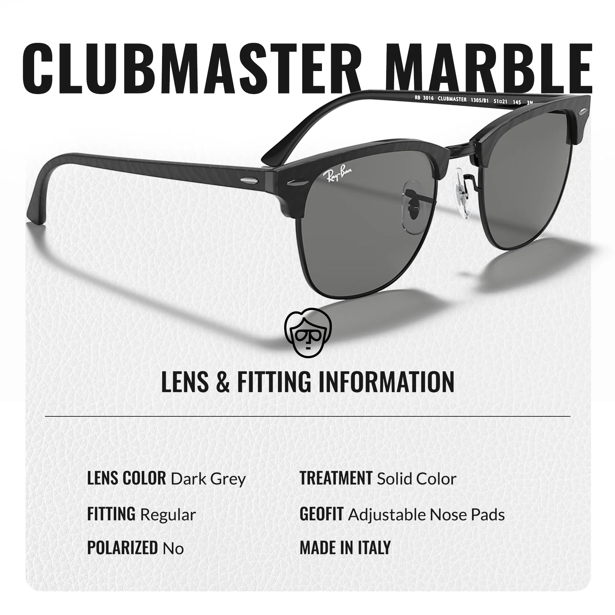 Ray-Ban RB3016 CLUBMASTER MARBLE Square Shaped Non-Polarized Sunglasses for Men & Women – Includes Official RAYBAN Eyewear Kit – Ideal Formal & Casual Wear Sunglasses – Dark Grey Lens - Image 5