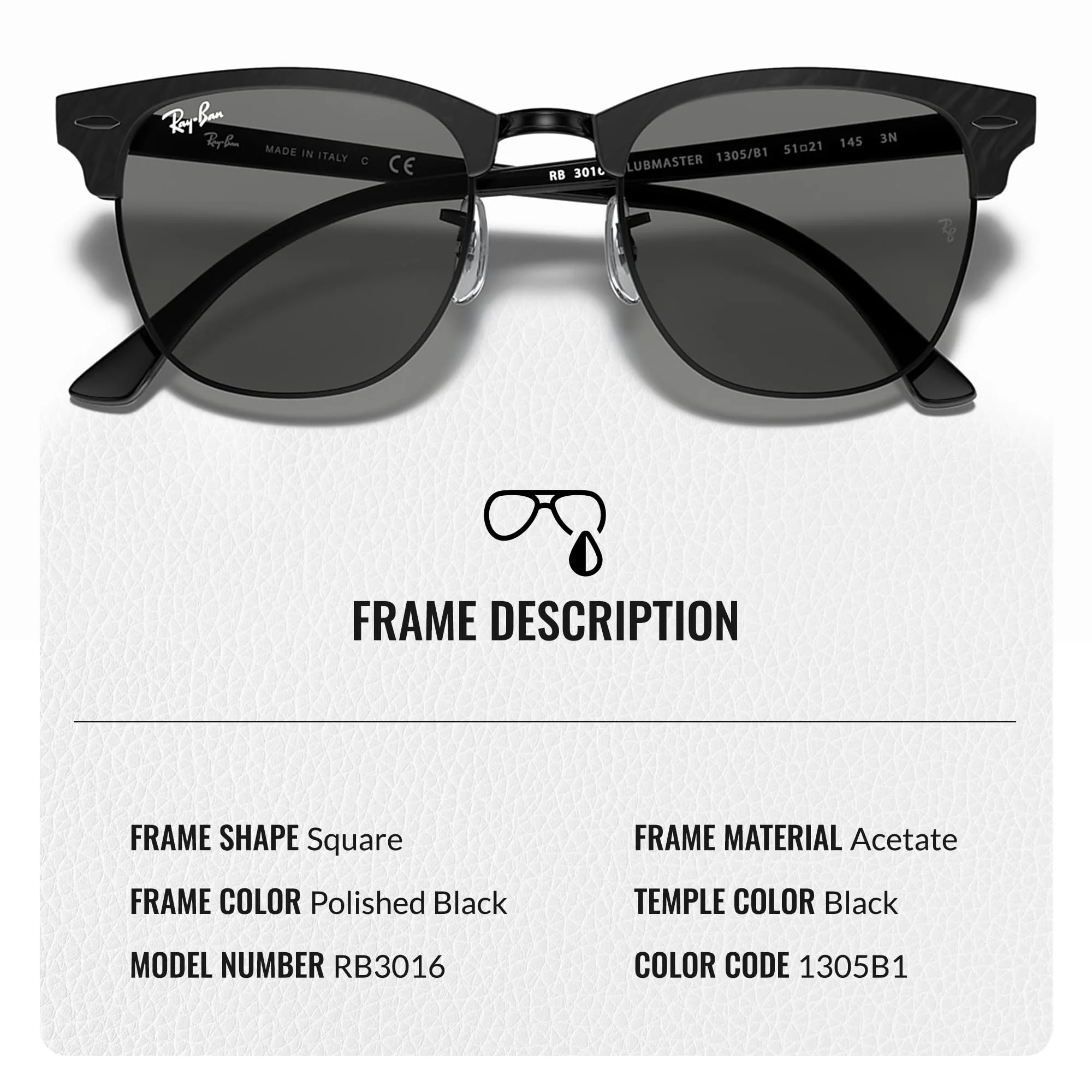 Ray-Ban RB3016 CLUBMASTER MARBLE Square Shaped Non-Polarized Sunglasses for Men & Women – Includes Official RAYBAN Eyewear Kit – Ideal Formal & Casual Wear Sunglasses – Dark Grey Lens - Image 6