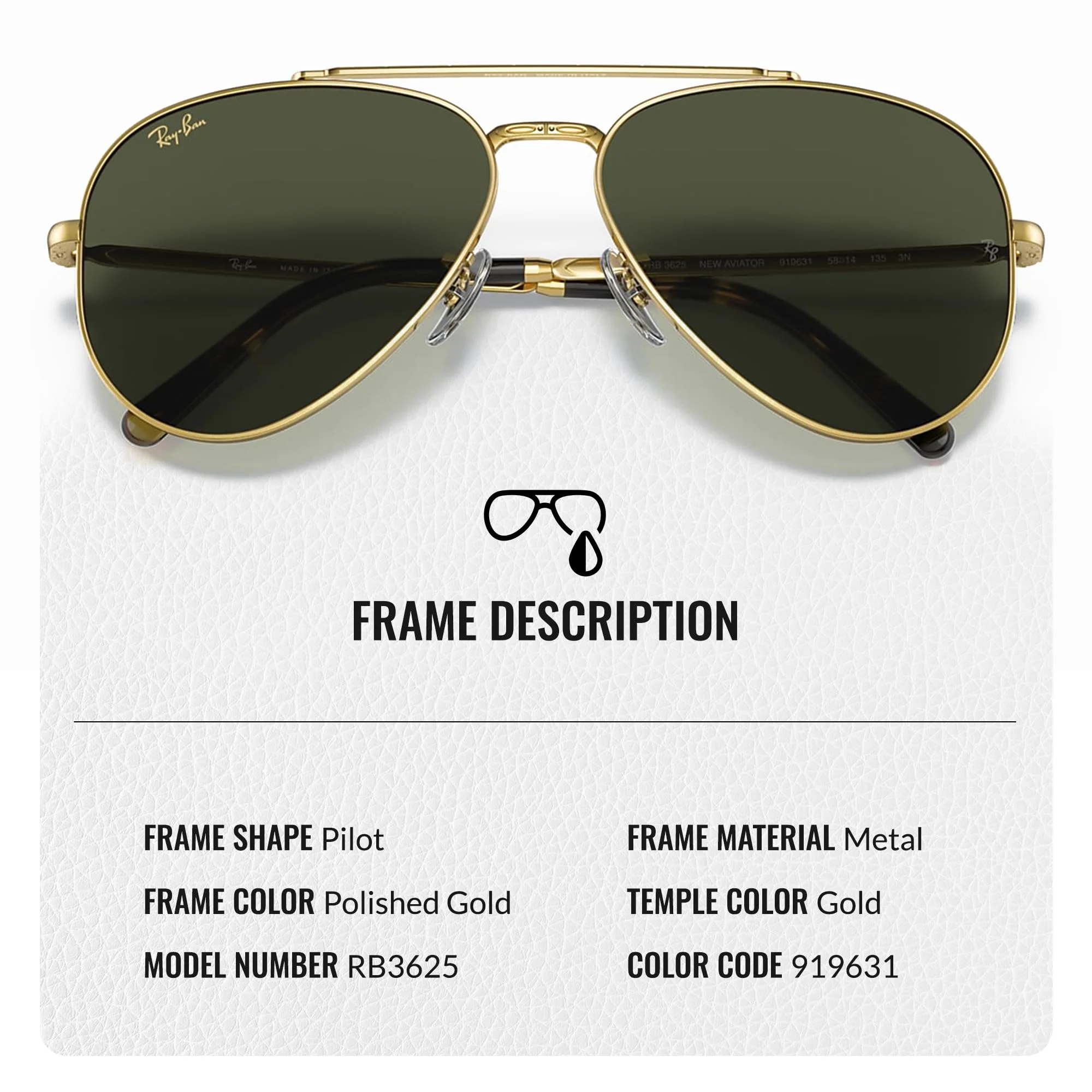 Ray-Ban RB3625 NEW AVIATOR Pilot Shaped Non-Polarized Sunglasses for Men & Women – Includes Official RAYBAN Eyewear Kit – Ideal Formal & Casual Wear Sunglasses – Green Lens - Image 6
