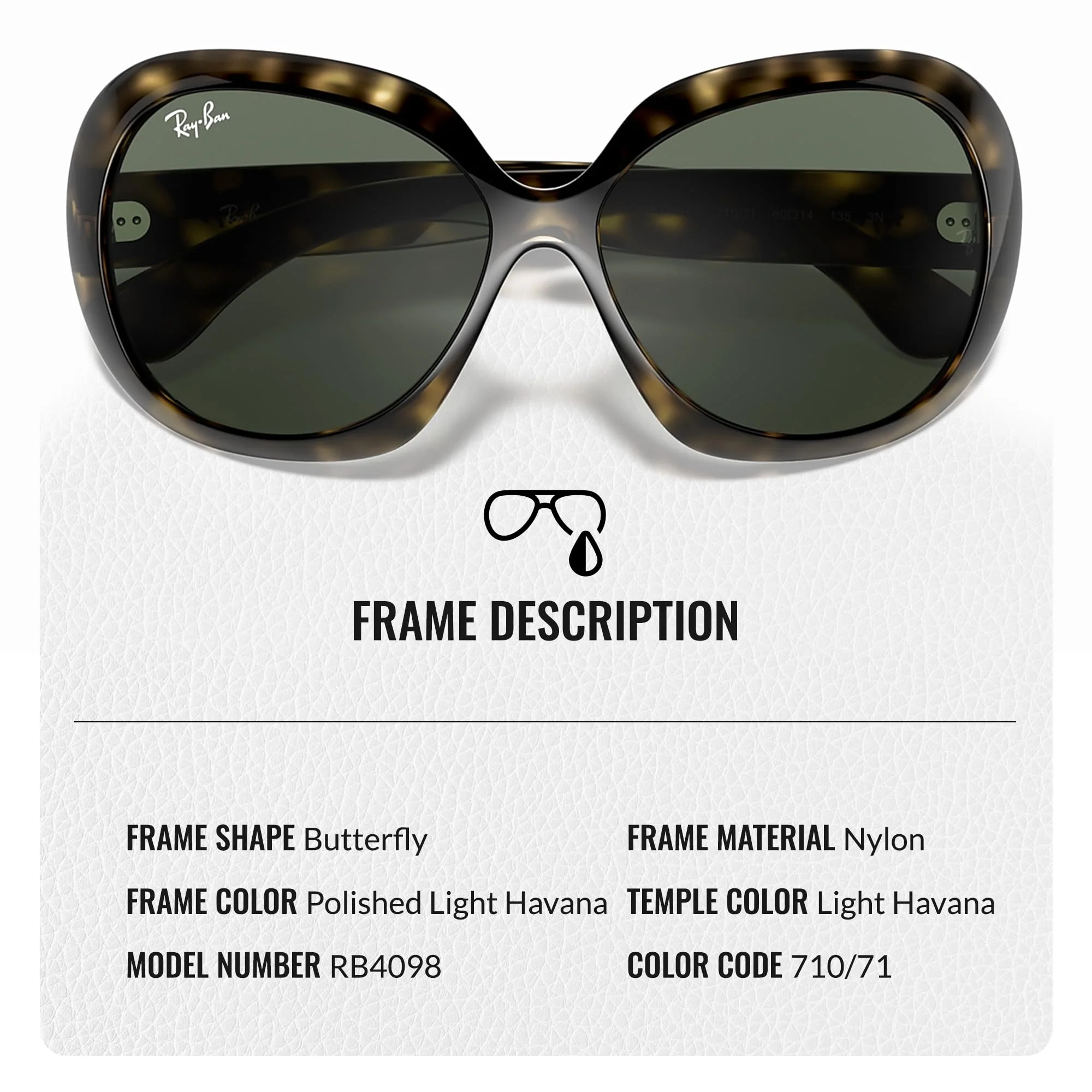 Ray-Ban RB4098 JACKIE OHH II Butterfly Shaped Non-Polarized Sunglasses for Women – Includes Official RAYBAN Eyewear Kit – Ideal Formal & Casual Wear Sunglasses – Green Classic Lens - Image 6