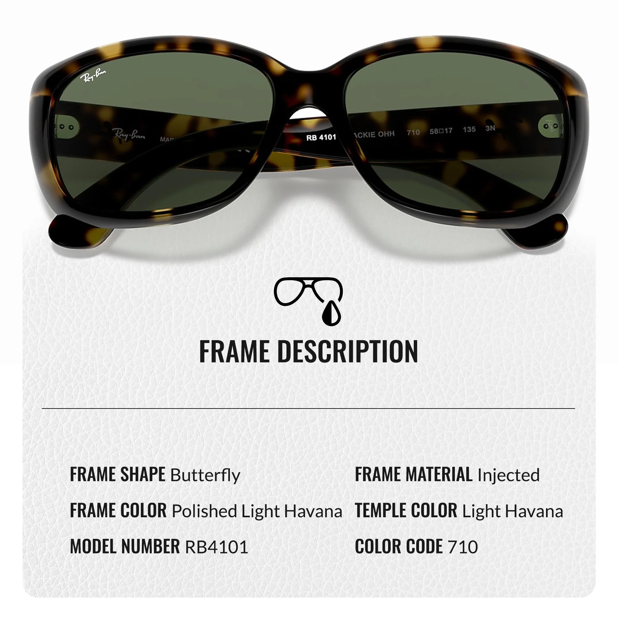 Ray-Ban RB4101 JACKIE OHH Butterfly Shaped Non-Polarized Sunglasses for Women – Includes Official RAYBAN Eyewear Kit – Ideal Formal & Casual Wear Sunglasses – Green Lens - Image 6