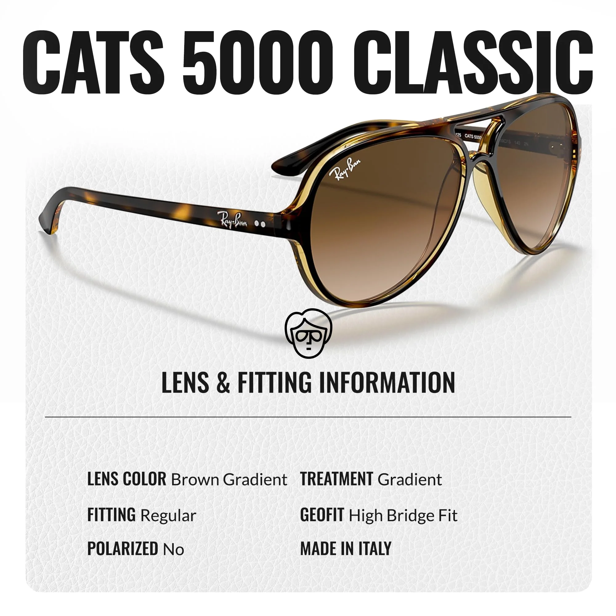 Ray-Ban RB4125 CATS 5000 CLASSIC Pilot Shaped Non-Polarized Sunglasses for Men – Includes Official RAYBAN Eyewear Kit – Ideal Formal & Casual Wear Sunglasses – Light Brown Gradient Lens - Image 5