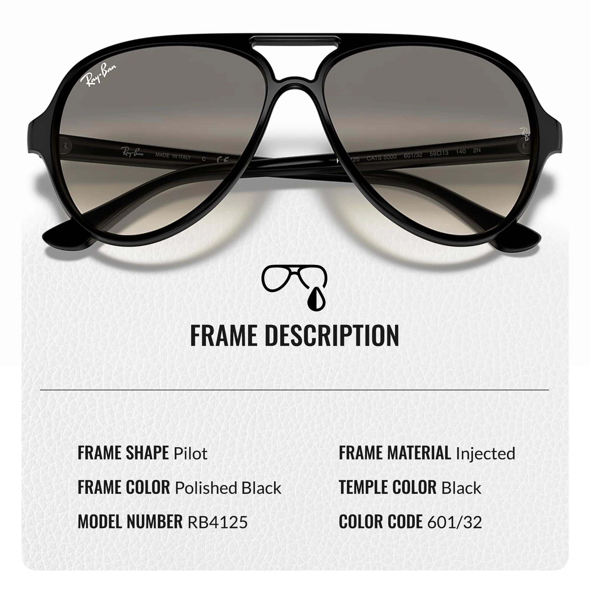 Ray-Ban RB4125 CATS 5000 CLASSIC Pilot Shaped Non-Polarized Sunglasses for Men – Includes Official RAYBAN Eyewear Kit – Ideal Formal & Casual Wear Sunglasses – Light Grey Gradient Lens - Image 6