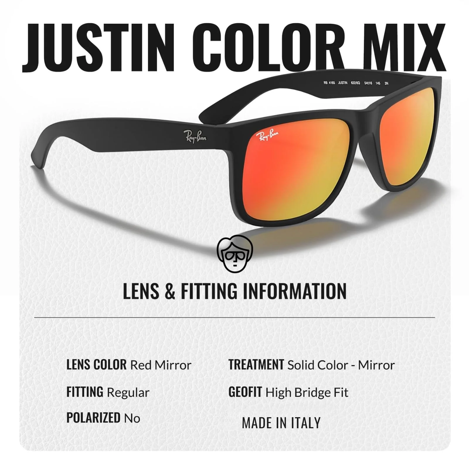 Ray-Ban RB4165 JUSTIN COLOR MIX Square Shaped Non-Polarized Sunglasses for Men – Includes Official RAYBAN Eyewear Kit – Ideal Formal & Casual Wear Sunglasses – Red Mirror Lens - Image 5