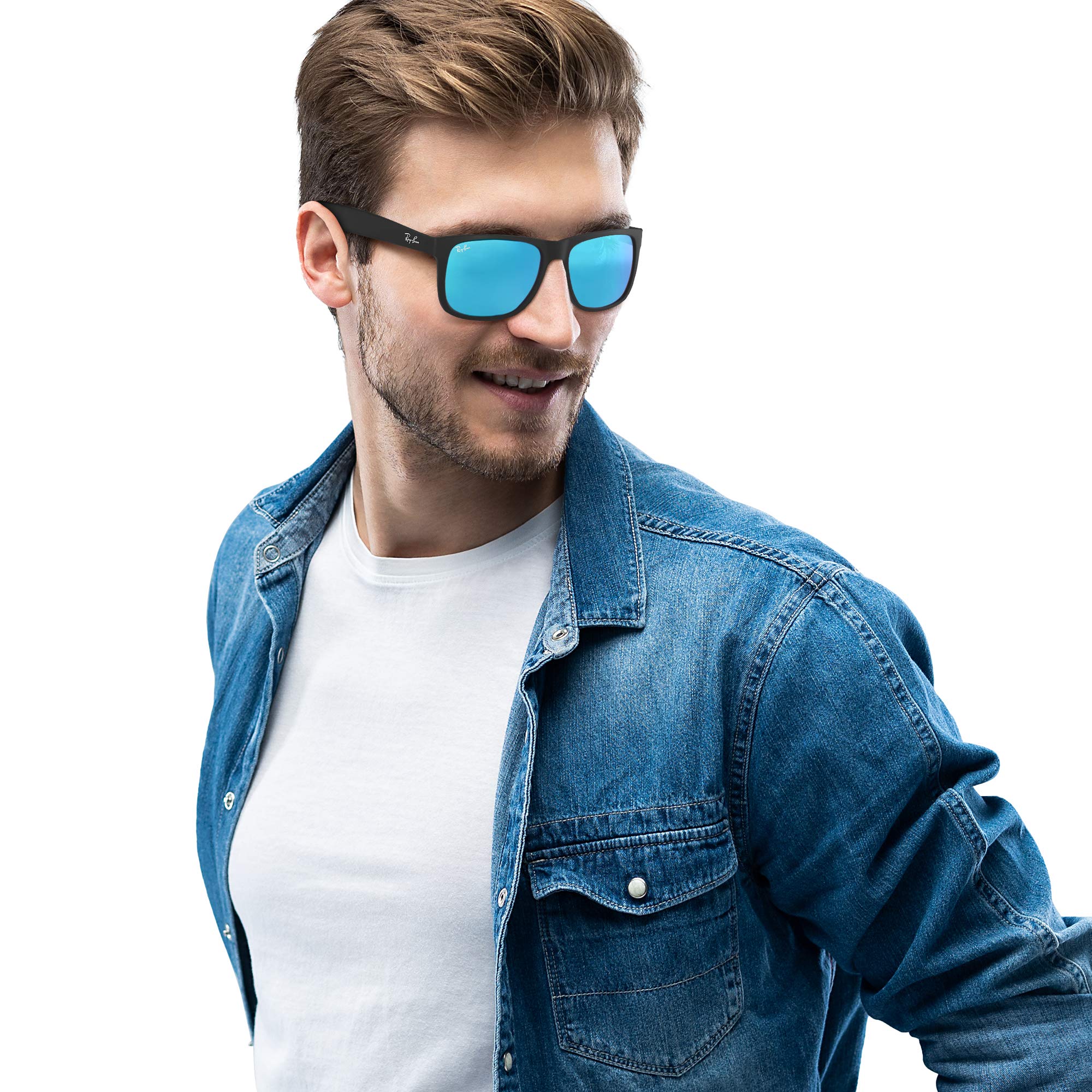 Ray-Ban Unisex RB4165 Justin Rectangular Sunglasses, Rubber Black/Blue Flash, 55 mm - Image 2