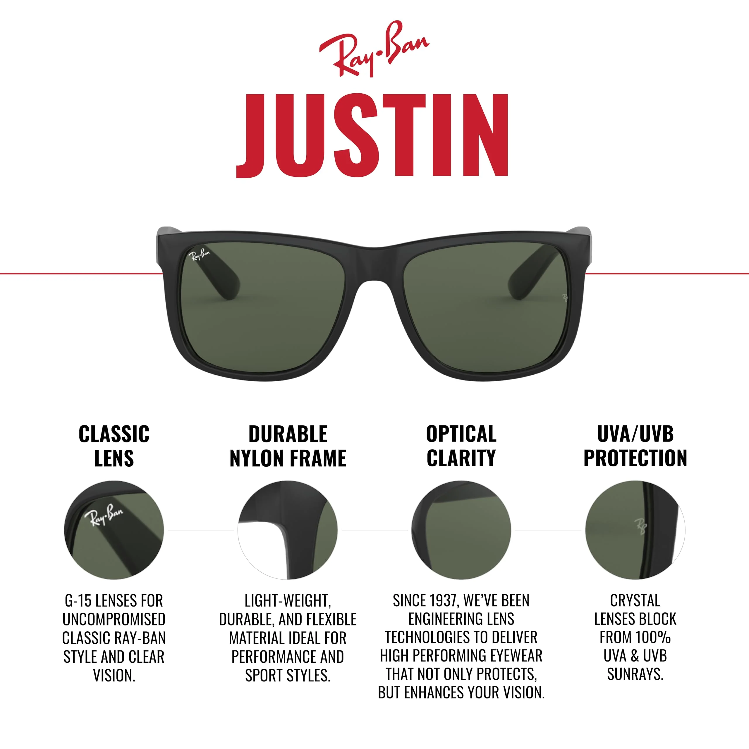 Ray-Ban Unisex RB4165 Justin Rectangular Sunglasses, Rubber Black/Blue Flash, 55 mm - Image 4
