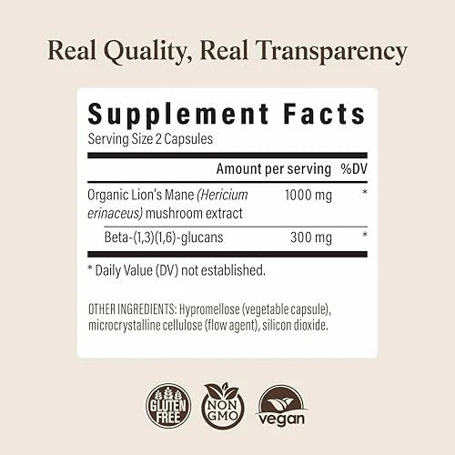 Real Mushrooms Lion’s Mane Supplement Capsules - Organic Lions Mane Extract for Overall Wellbeing - Beta Glucan Supplements – Vegan 300 ct Mushroom Extract - Image 2