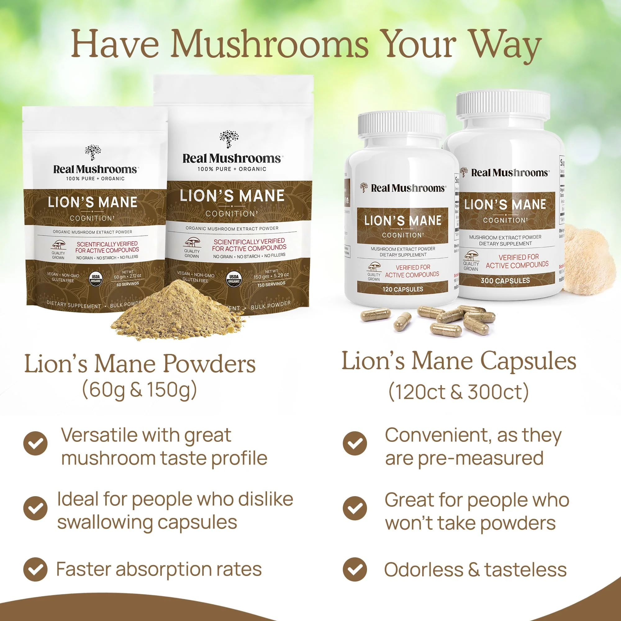 Real Mushrooms Lion’s Mane Supplement Capsules - Organic Lions Mane Extract for Overall Wellbeing - Beta Glucan Supplements – Vegan 300 ct Mushroom Extract - Image 6