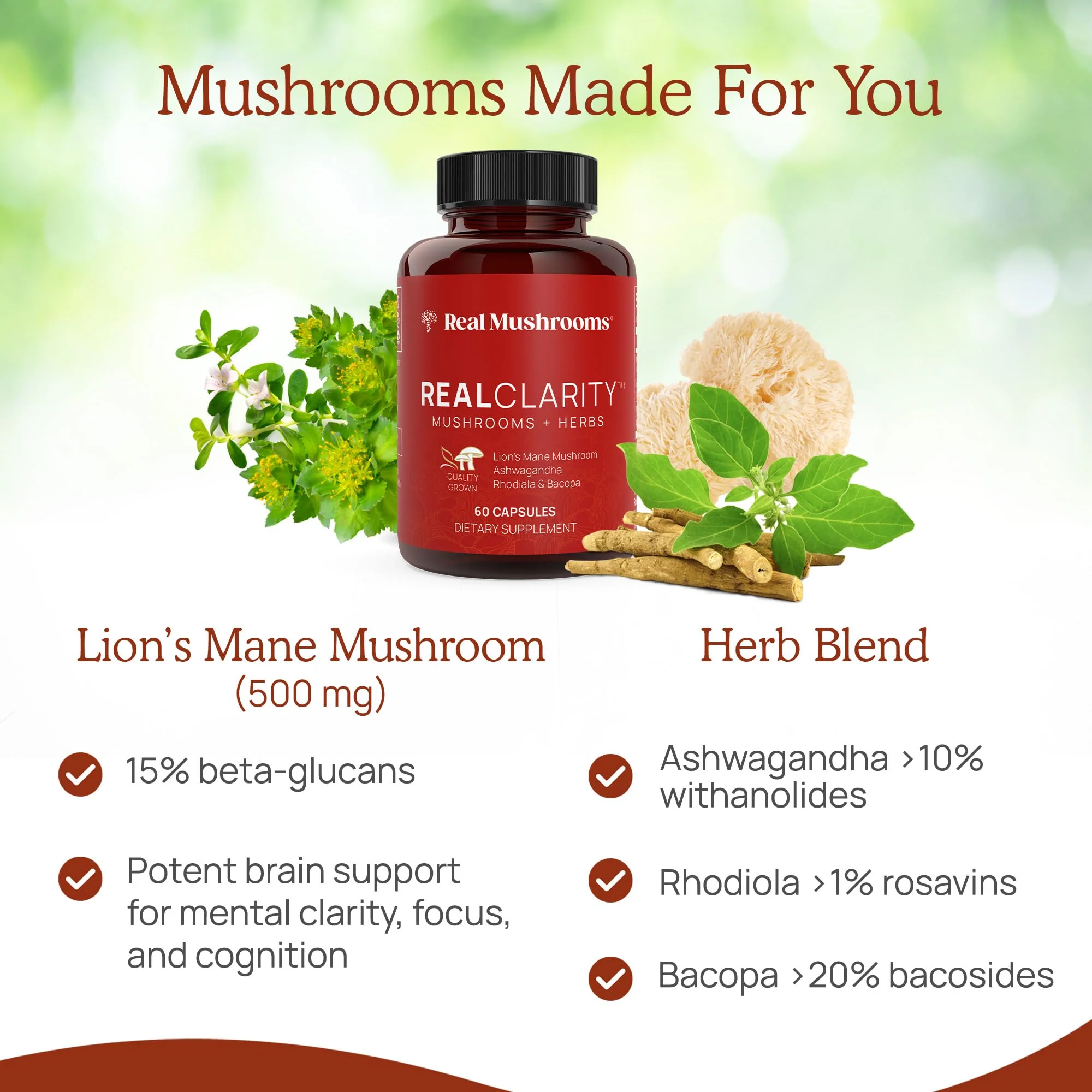 Real Mushrooms RealClarity Capsules – Lion’s Mane, KSM-66 Ashwagandha, Rhodiola & Bacopa – Mental Sharpness, Alertness. & Adaptogenic Support – Vegan, Non-GMO – 60 Count Mushroom Supplement - Image 4