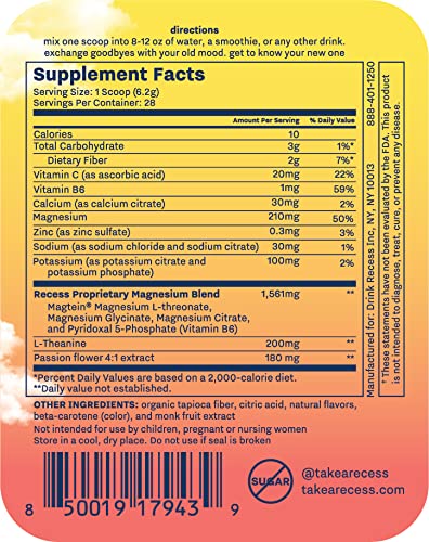 Recess Mood Powder, Calming Magnesium L-Threonate Blend with Passion Flower, L-Theanine, Electrolytes, Magnesium Calm Support Powder Supplement - Lemon Citrus 28 Serving Tub - Image 7