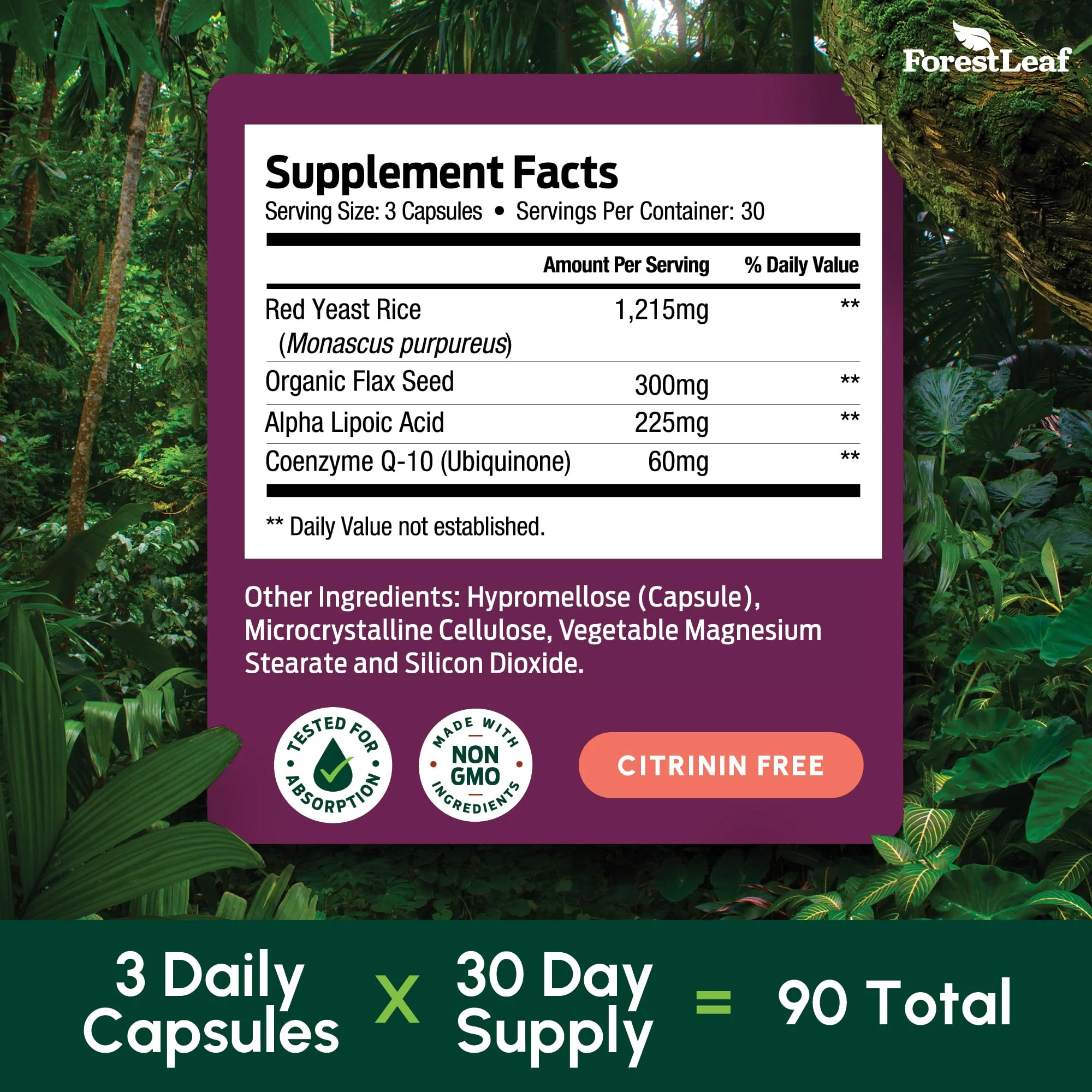 Red Yeast Rice 1215 mg. Capsules - Extra Strength Red Rice Yeast with CoQ10 Supplement, Plus Alpha Lipoic Acid & Organic Flaxseed, Citrinin Free, Supports Cardiovascular Health, Non-GMO 90 Veggie Caps - Image 4