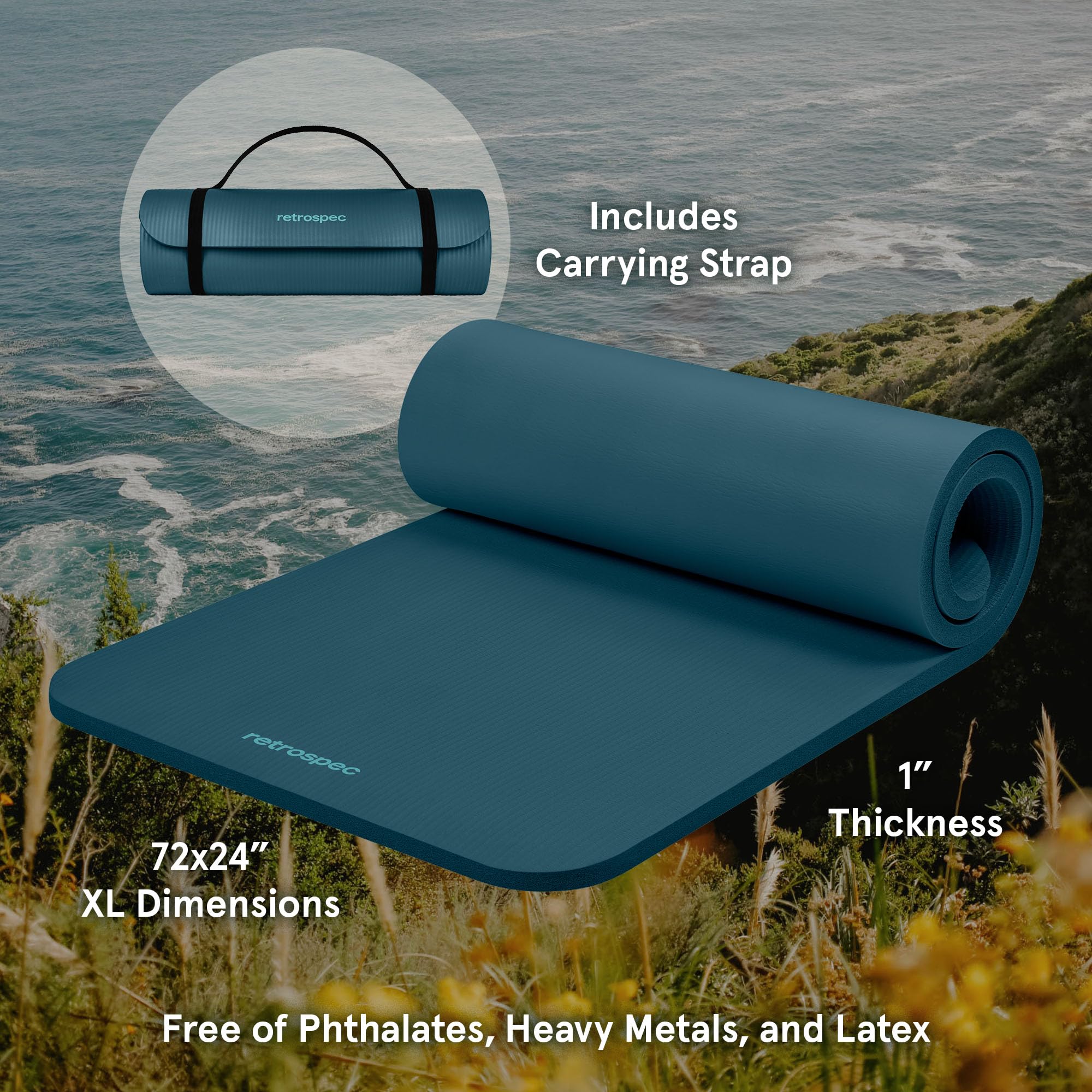 Retrospec Solana Yoga Mat 1" Thick w/Nylon Strap for Men & Women - Non Slip Exercise Mat for Home Yoga, Pilates, Stretching, Floor & Fitness Workouts - Ocean Blue - Image 7