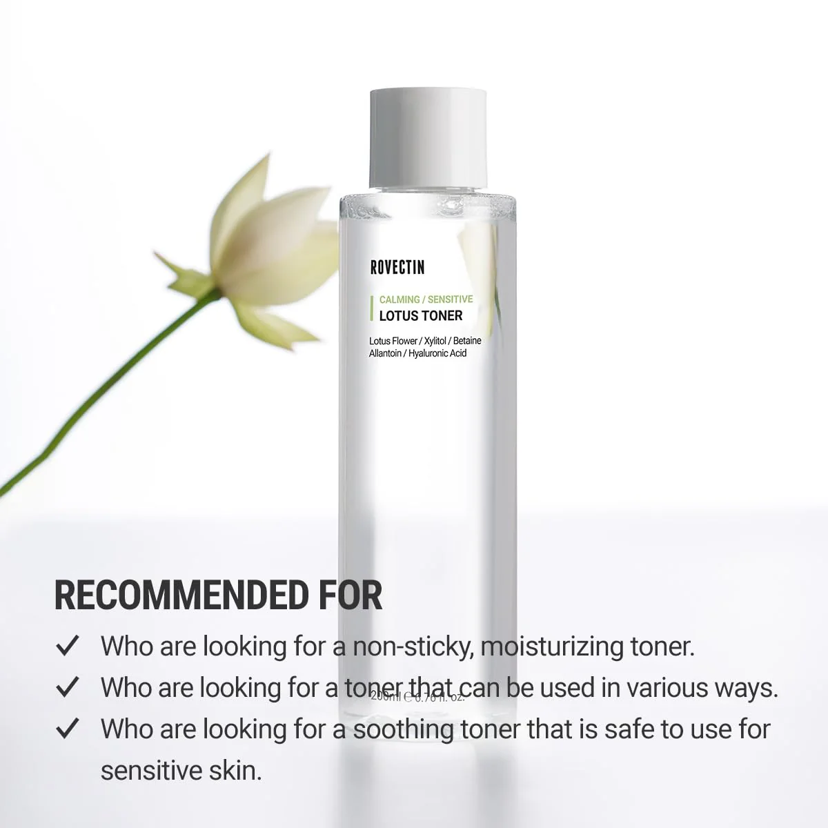 ROVECTIN Calming Lotus Water Toner - pH4.7 Extra Soothing and Hydrating for Trouble Care | 40% Lotus Flower Extract for Purifying | Hyaluronic Acid, Alcohol-Free, Vegan, K-Beauty (6.76 fl. oz, 200ml) - Image 7