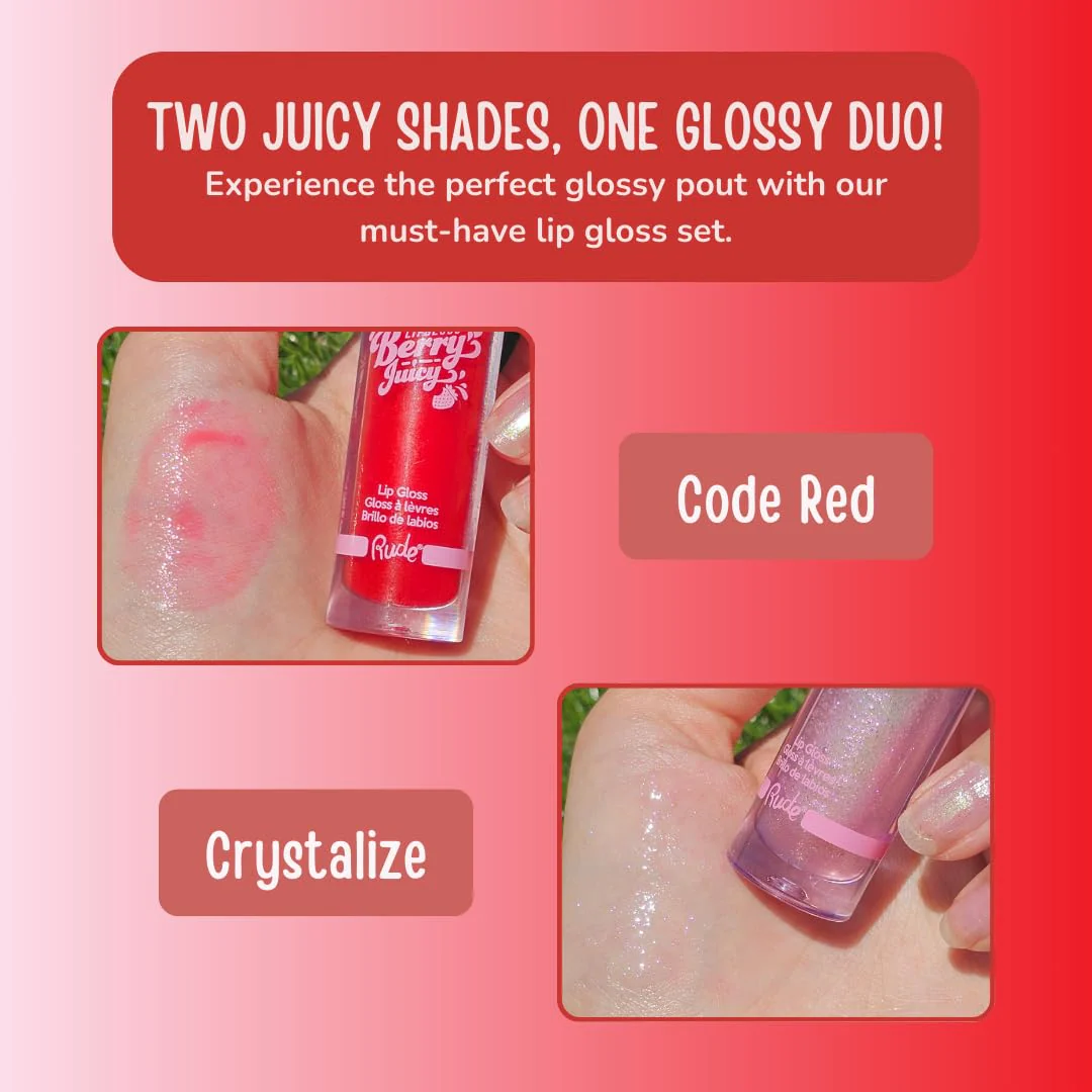 RUDE Cosmetics Berry Juicy Lip Gloss for Women, High Shine Lip Glosses Set, Moisturizing & Hydrating Lipgloss for Girls, Ideal for Day & Night Makeup Looks, Crystalize & Code Red - Image 5