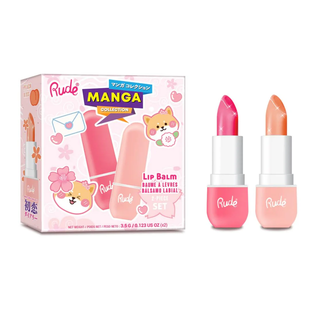 Rude Cosmetics Lip Balm Hydrating, Nourishing Lipbalm Set for Women, Lip Moisturizer for Dry Cracked Lips, Vegan & Cruelty-Free, Manga Collection/Watermelon & Peach