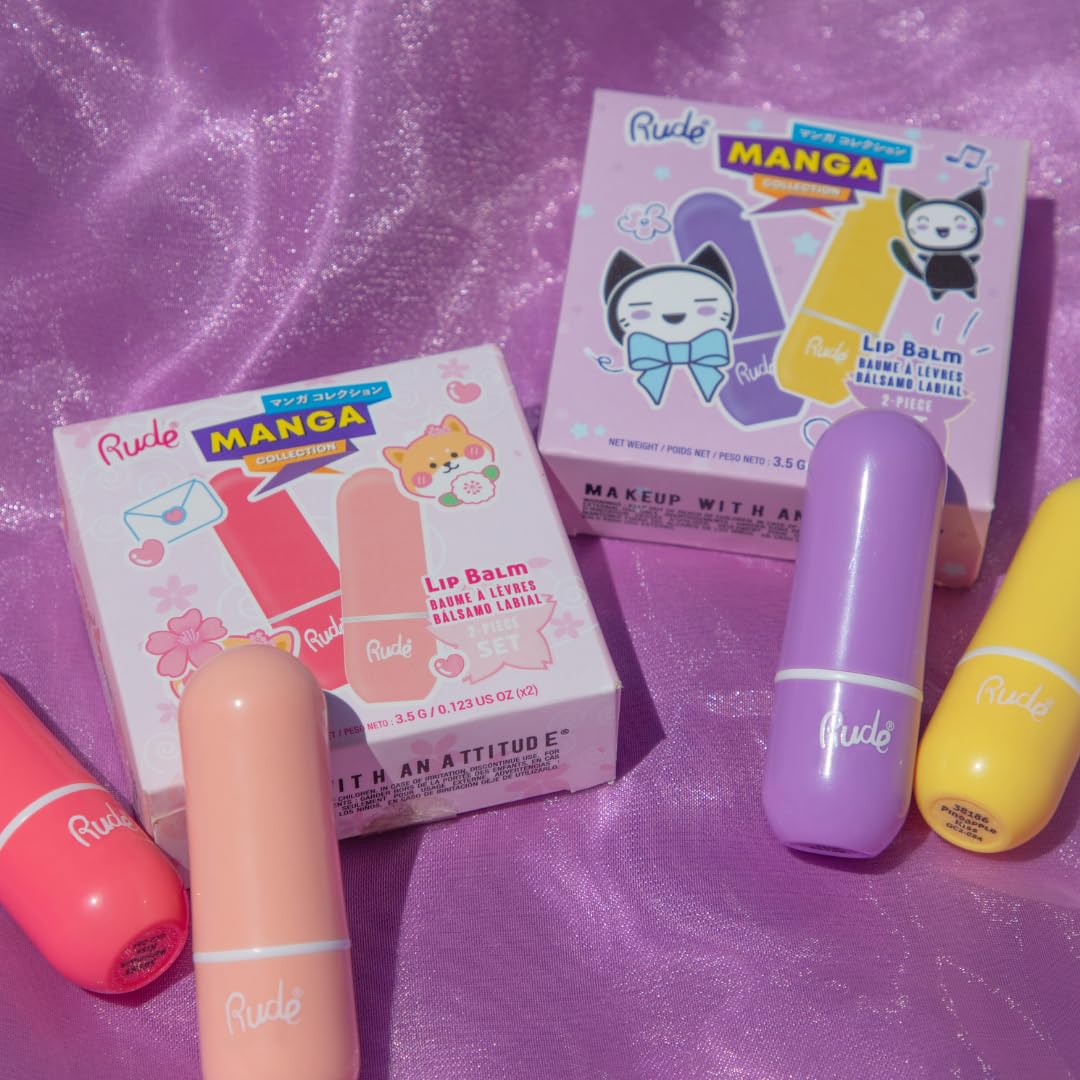 Rude Cosmetics Lip Balm Hydrating, Nourishing Lipbalm Set for Women, Lip Moisturizer for Dry Cracked Lips, Vegan & Cruelty-Free, Manga Collection/Watermelon & Peach - Image 3