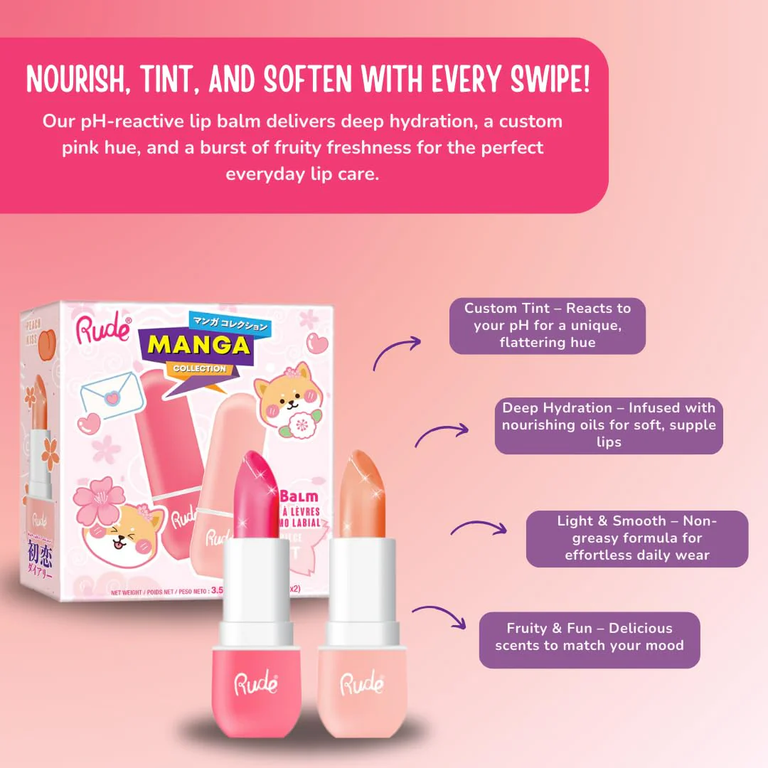 Rude Cosmetics Lip Balm Hydrating, Nourishing Lipbalm Set for Women, Lip Moisturizer for Dry Cracked Lips, Vegan & Cruelty-Free, Manga Collection/Watermelon & Peach - Image 5