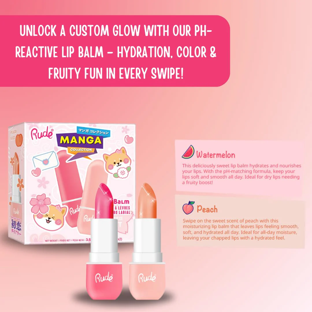 Rude Cosmetics Lip Balm Hydrating, Nourishing Lipbalm Set for Women, Lip Moisturizer for Dry Cracked Lips, Vegan & Cruelty-Free, Manga Collection/Watermelon & Peach - Image 6