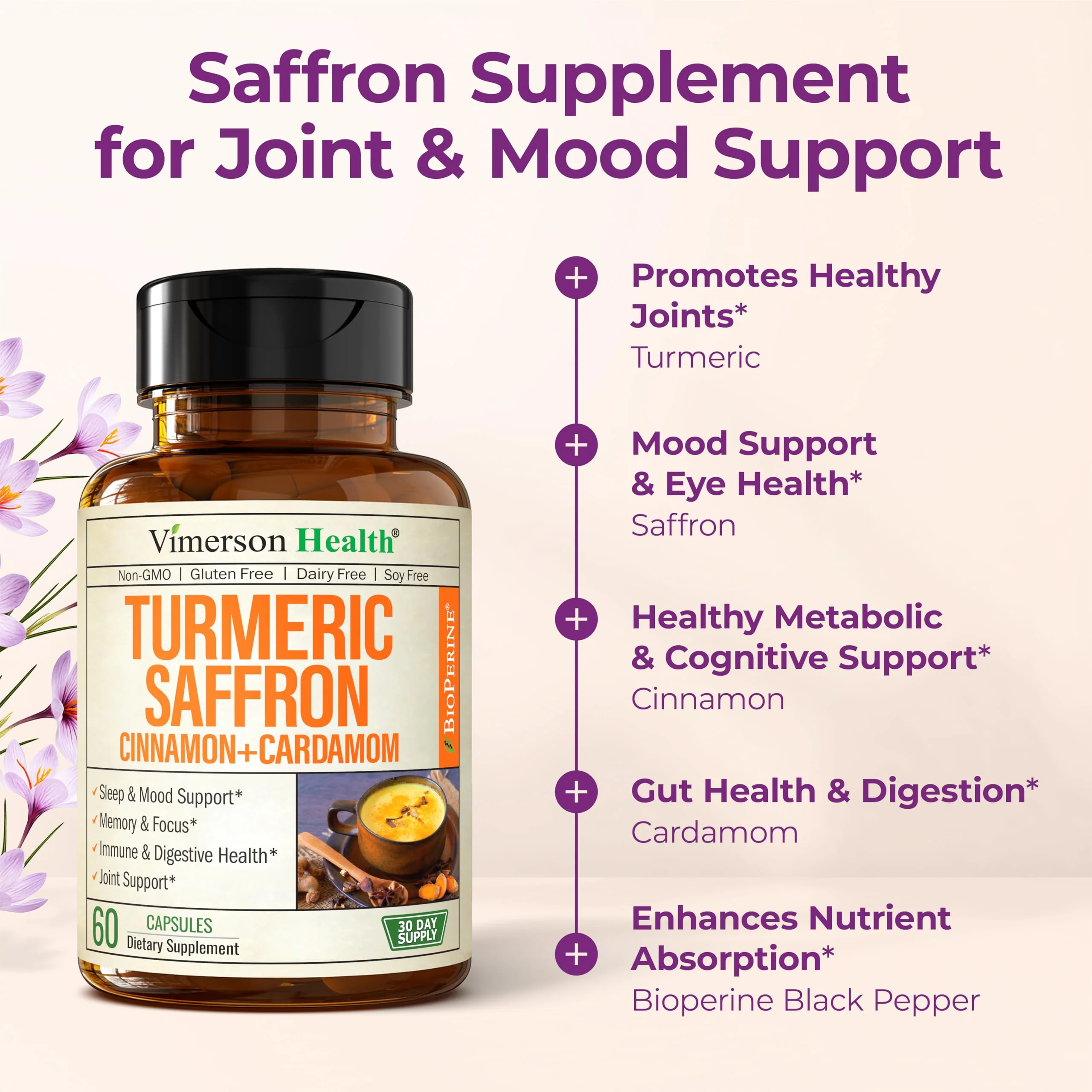 Saffron Supplements – 89mg Saffron Extract and 1000mg Tumeric Blend – Turmeric Supplement with Ceylon Cinnamon and Cardamom for Mood, Memory & Eye Health – Joint Supplements for Women & Men – 60 Count - Image 6