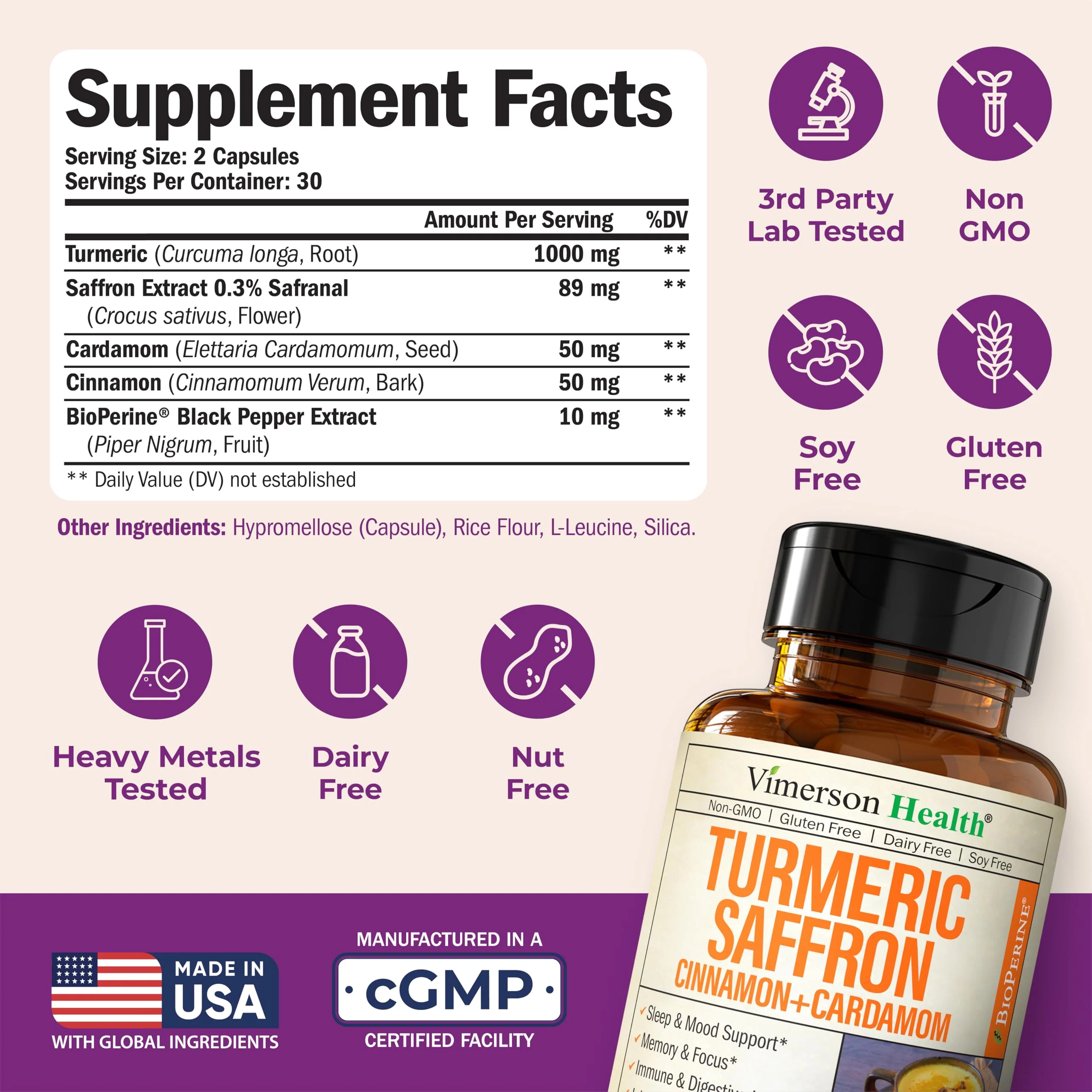 Saffron Supplements – 89mg Saffron Extract and 1000mg Tumeric Blend – Turmeric Supplement with Ceylon Cinnamon and Cardamom for Mood, Memory & Eye Health – Joint Supplements for Women & Men – 60 Count - Image 8