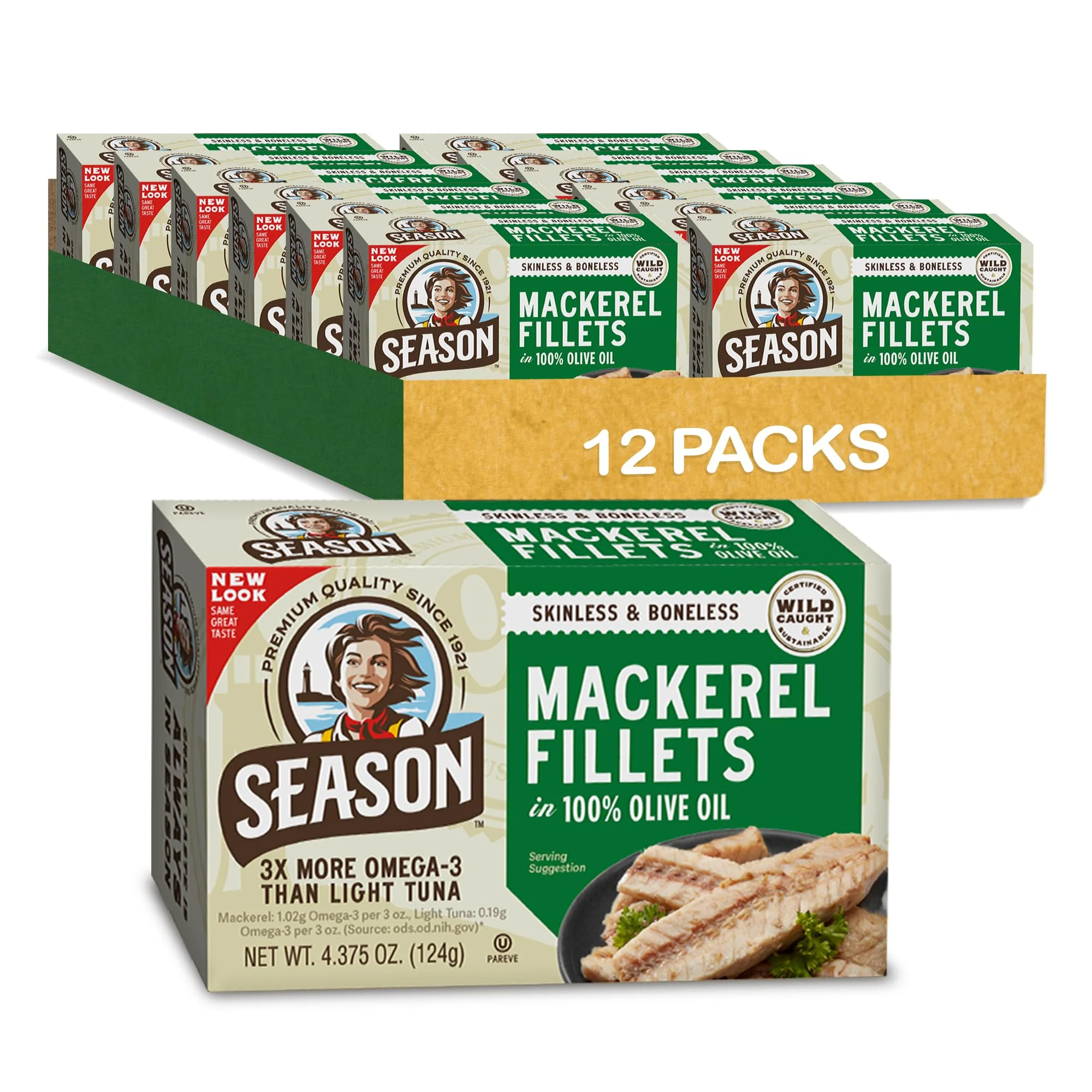 Season Mackerel in Olive Oil - Skinless & Boneless, Wild Caught Fish, Keto Snacks, Canned Mackerel Fillets, Full of Vitamins, Low in Mercury, Kosher, Non-GMO, 20g of Protein - 4.37 Oz, 12-Pack