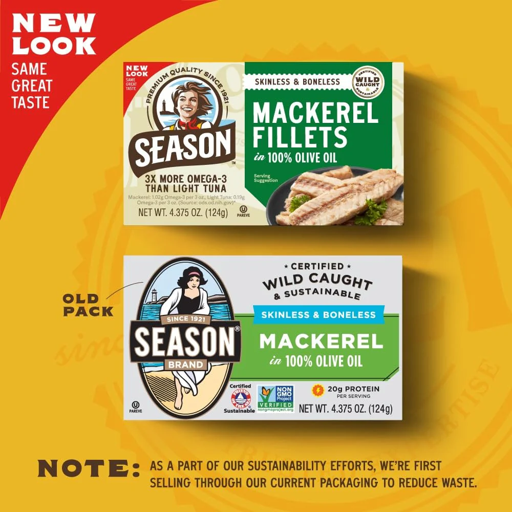 Season Mackerel in Olive Oil - Skinless & Boneless, Wild Caught Fish, Keto Snacks, Canned Mackerel Fillets, Full of Vitamins, Low in Mercury, Kosher, Non-GMO, 20g of Protein - 4.37 Oz, 12-Pack - Image 6