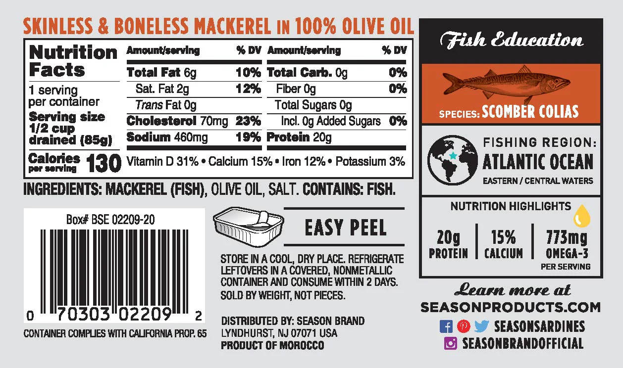 Season Mackerel in Olive Oil - Skinless & Boneless, Wild Caught Fish, Keto Snacks, Canned Mackerel Fillets, Full of Vitamins, Low in Mercury, Kosher, Non-GMO, 20g of Protein - 4.37 Oz, 12-Pack - Image 7